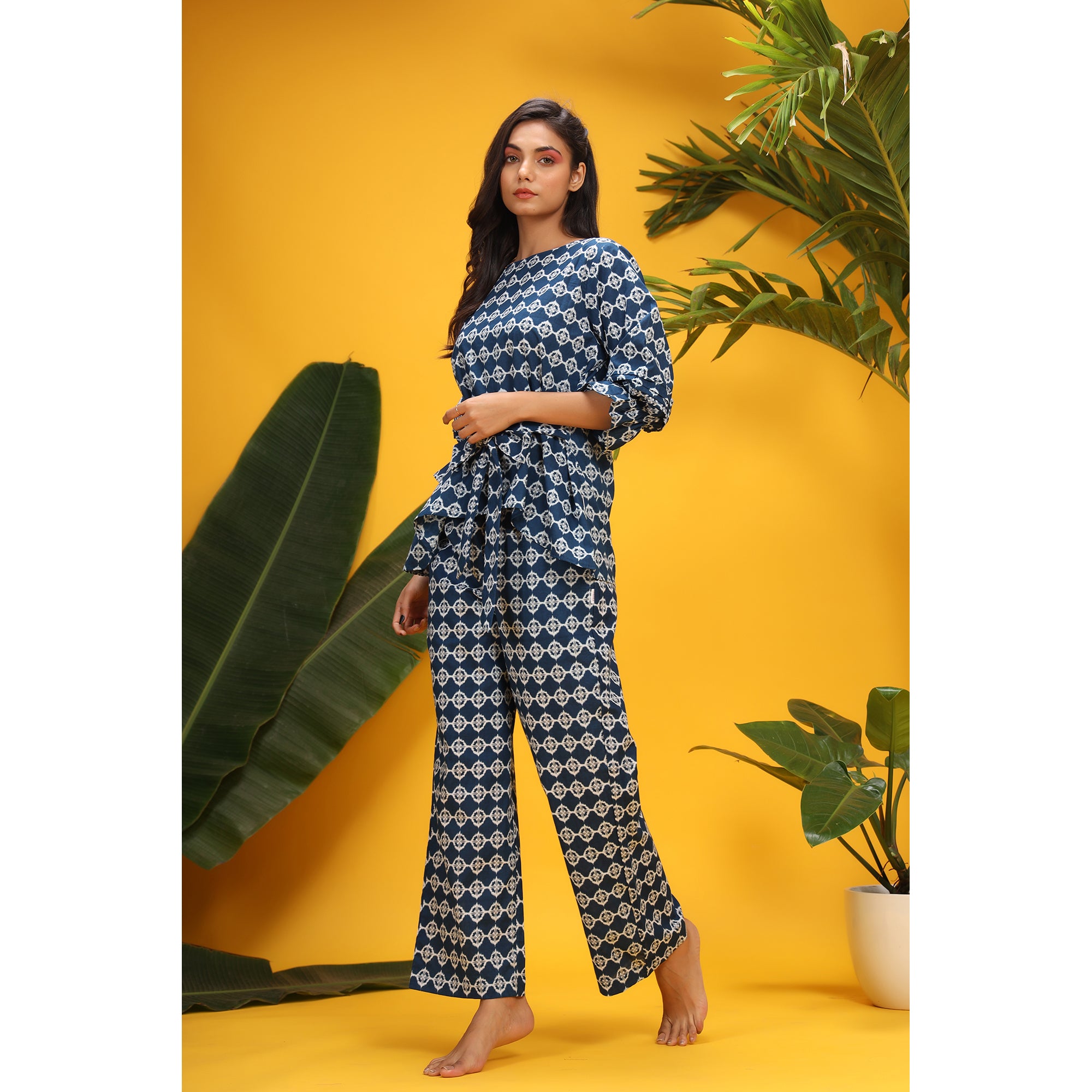 White Glitched Mandala Front Knot on Blue Cotton Co-ord Set
