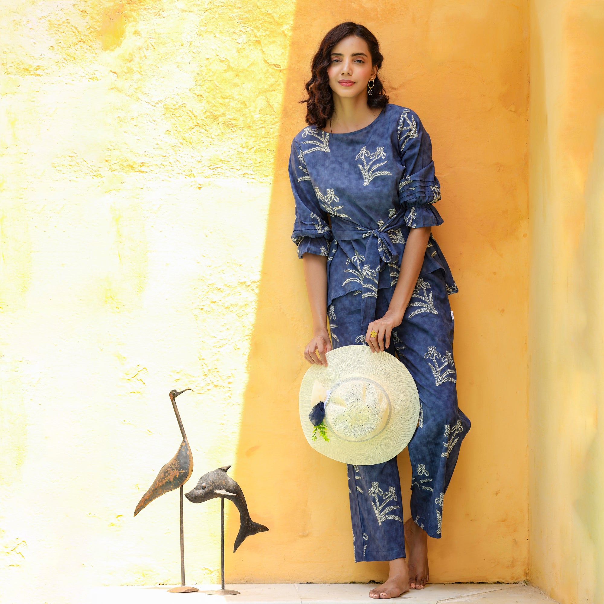 Floweret on Front Knot Blue Cotton Co-ord Set