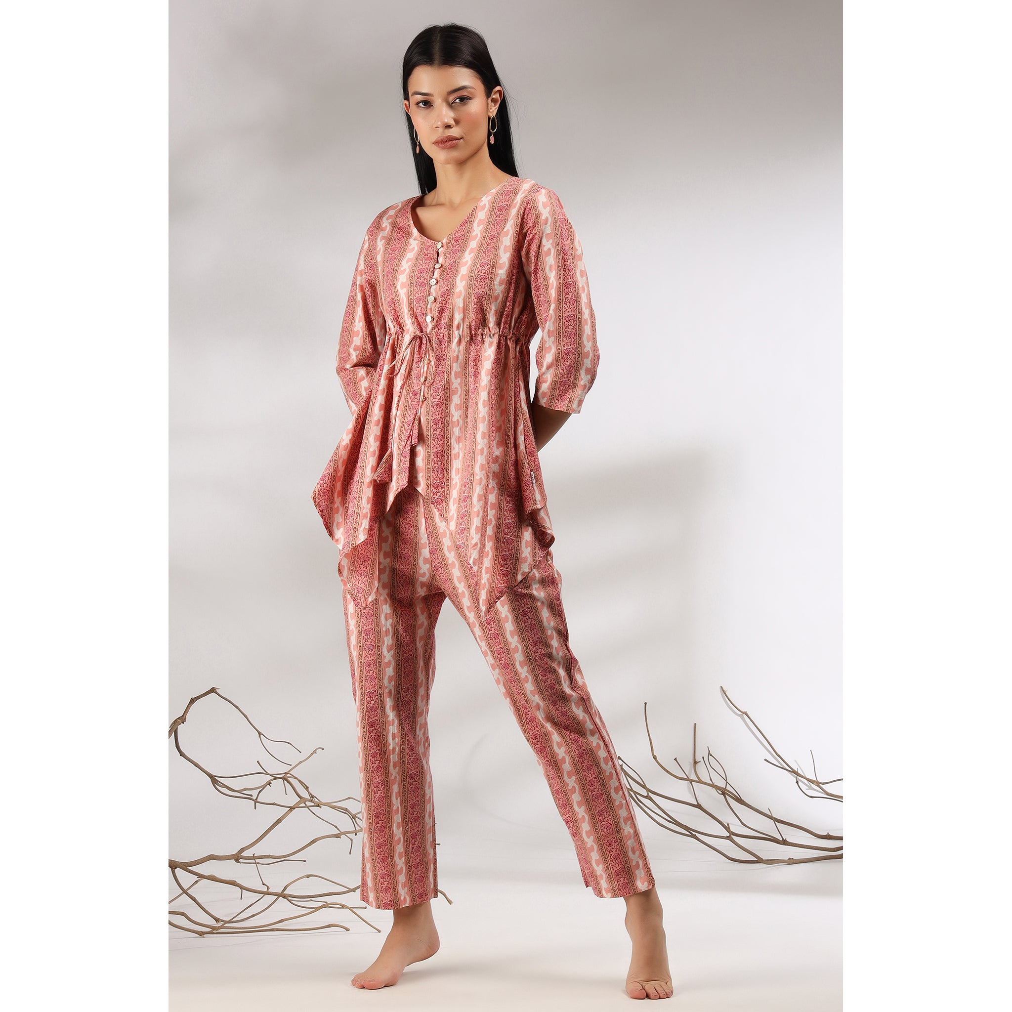 Floral Twines on Asymmetrical Pink Cotton Loungewear Top Set