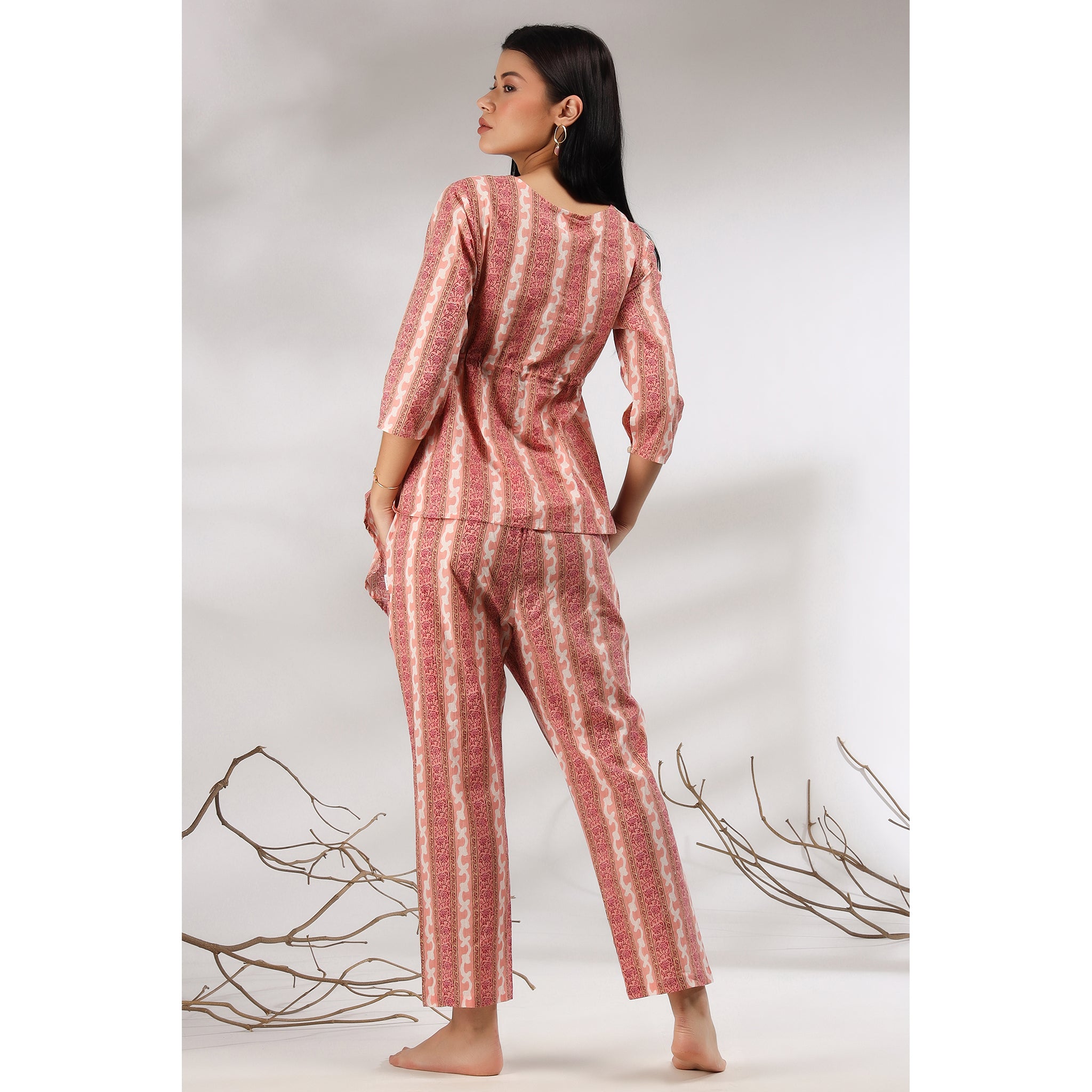 Floral Twines on Asymmetrical Pink Cotton Loungewear Top Set