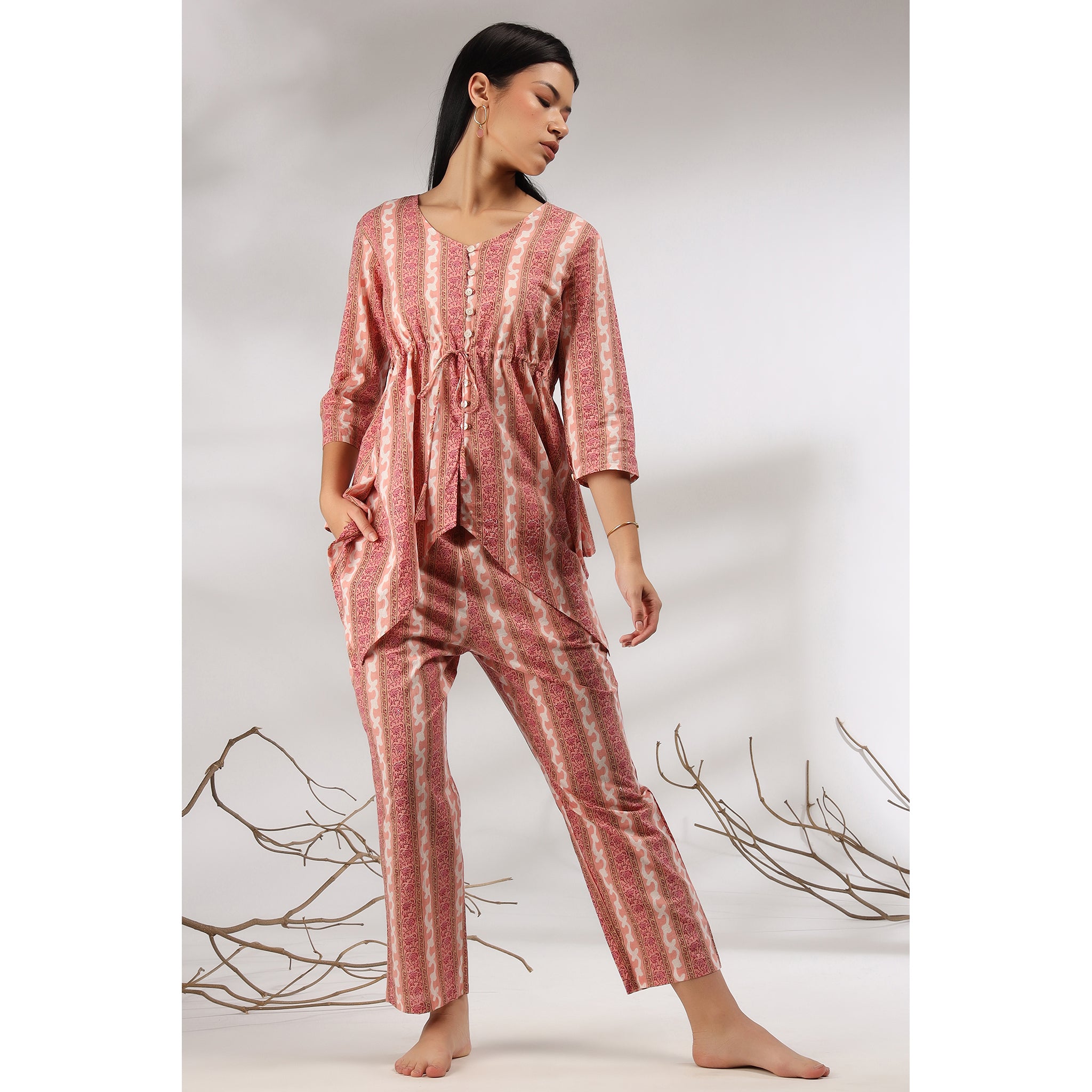Floral Twines on Asymmetrical Pink Cotton Loungewear Top Set