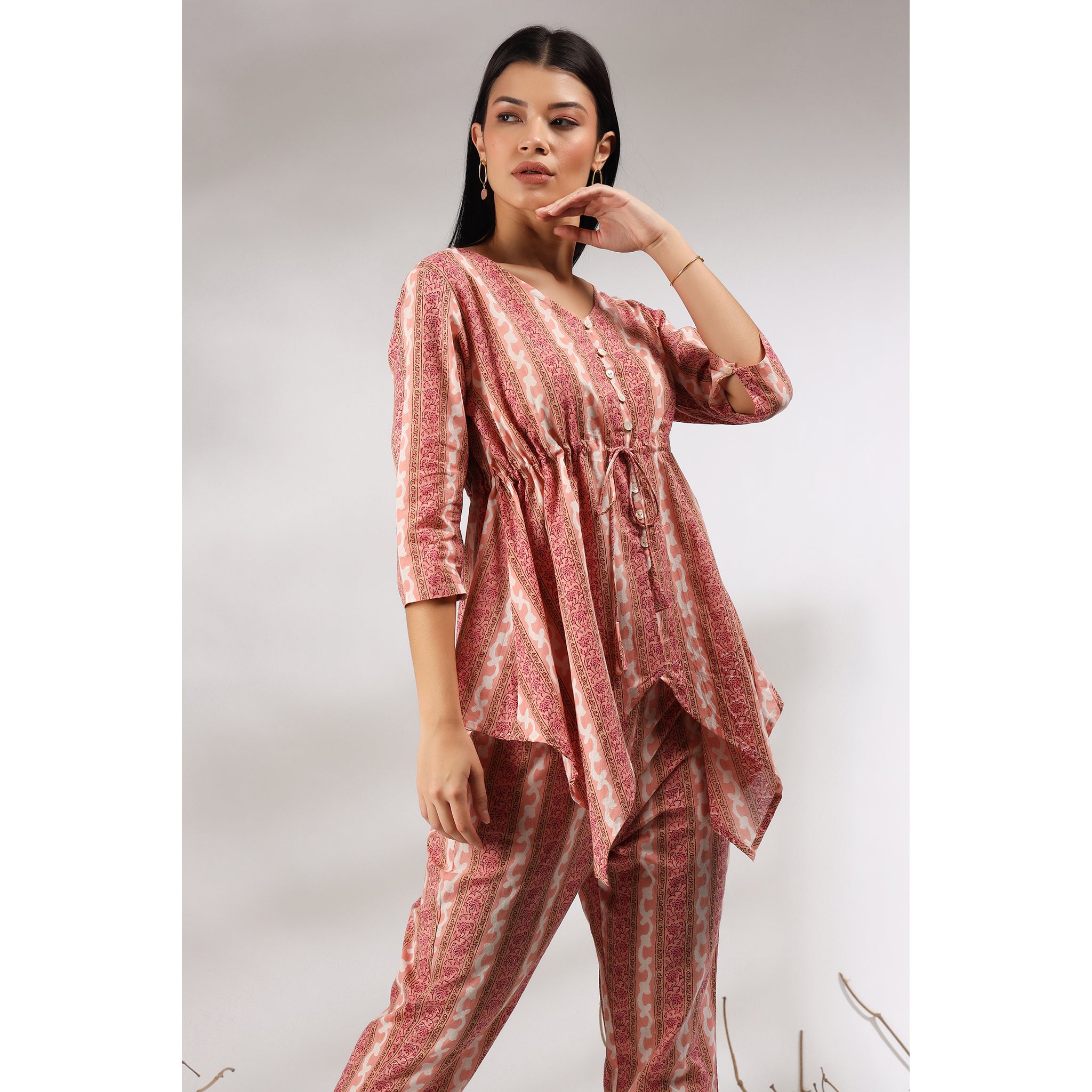 Floral Twines on Asymmetrical Pink Cotton Loungewear Top Set