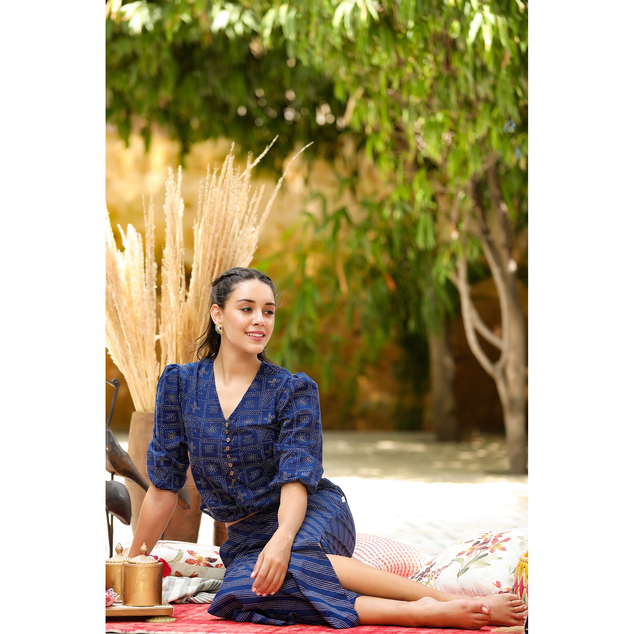 Geometric Shapes with Stripes on Blue Cotton Co-ord Set