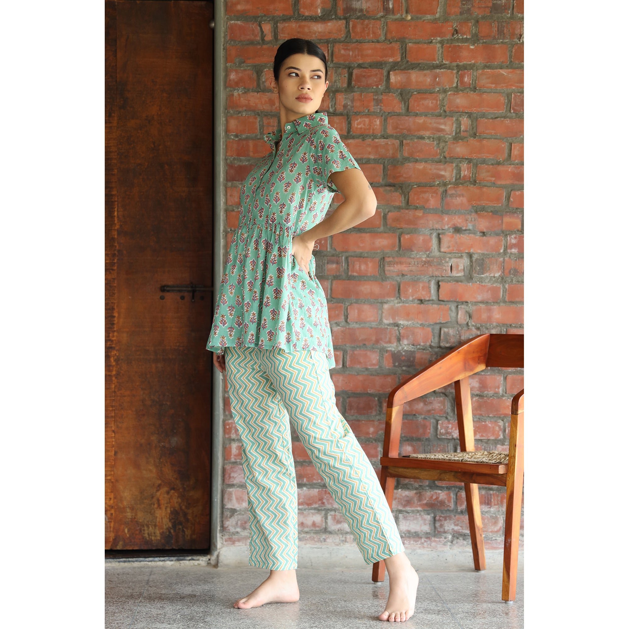 Sunflower with Contrast Stripes on Turquoise Cotton Loungewear Top Set