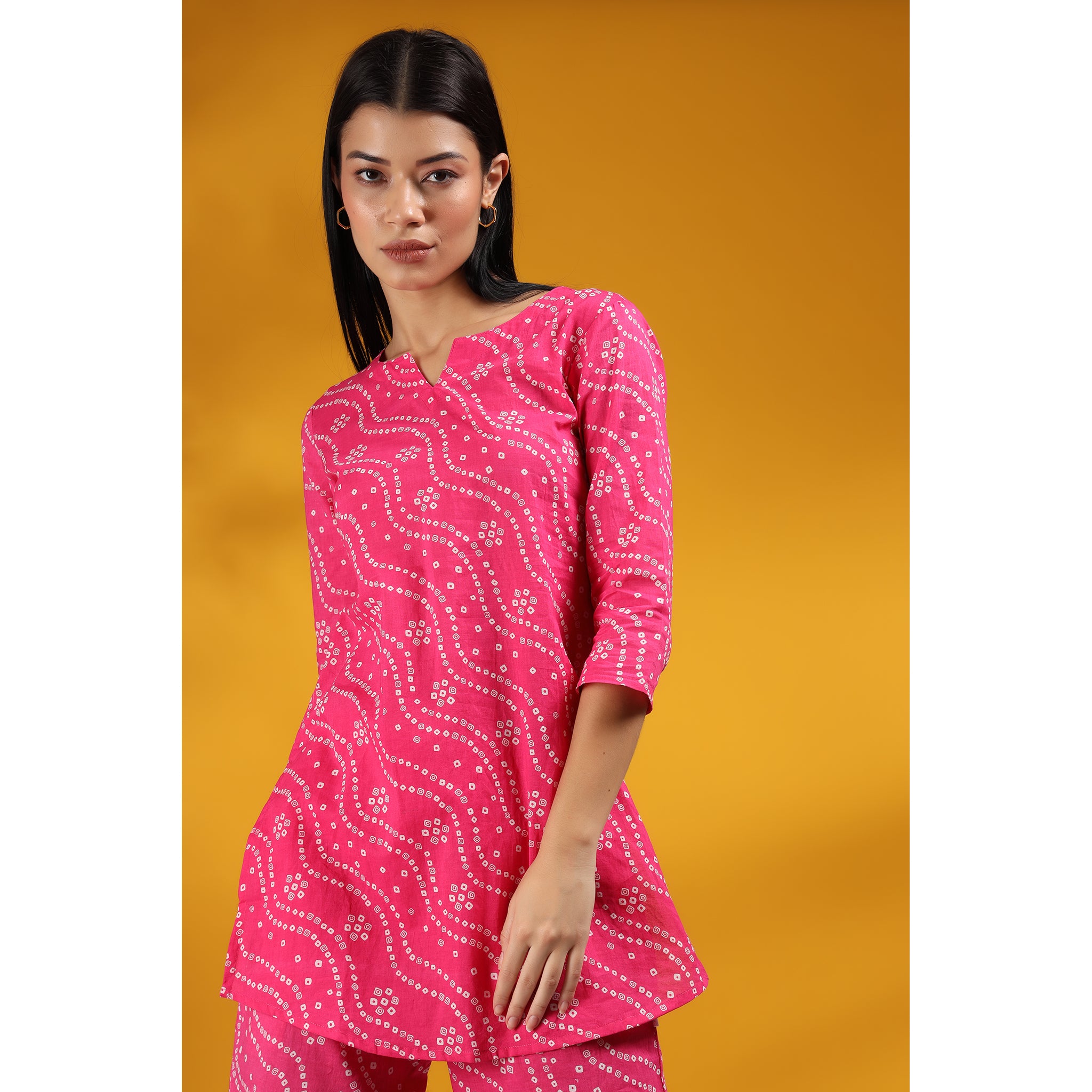 Patterned Bandhej on Pink Loungewear Top Set