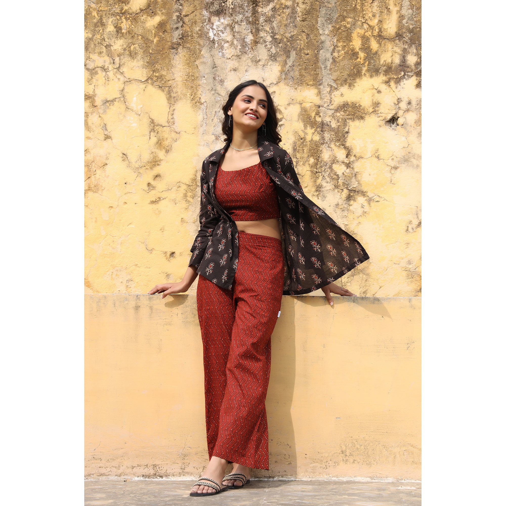 Rosebuds with Stripes on Black and Maroon Cotton Three Piece Set