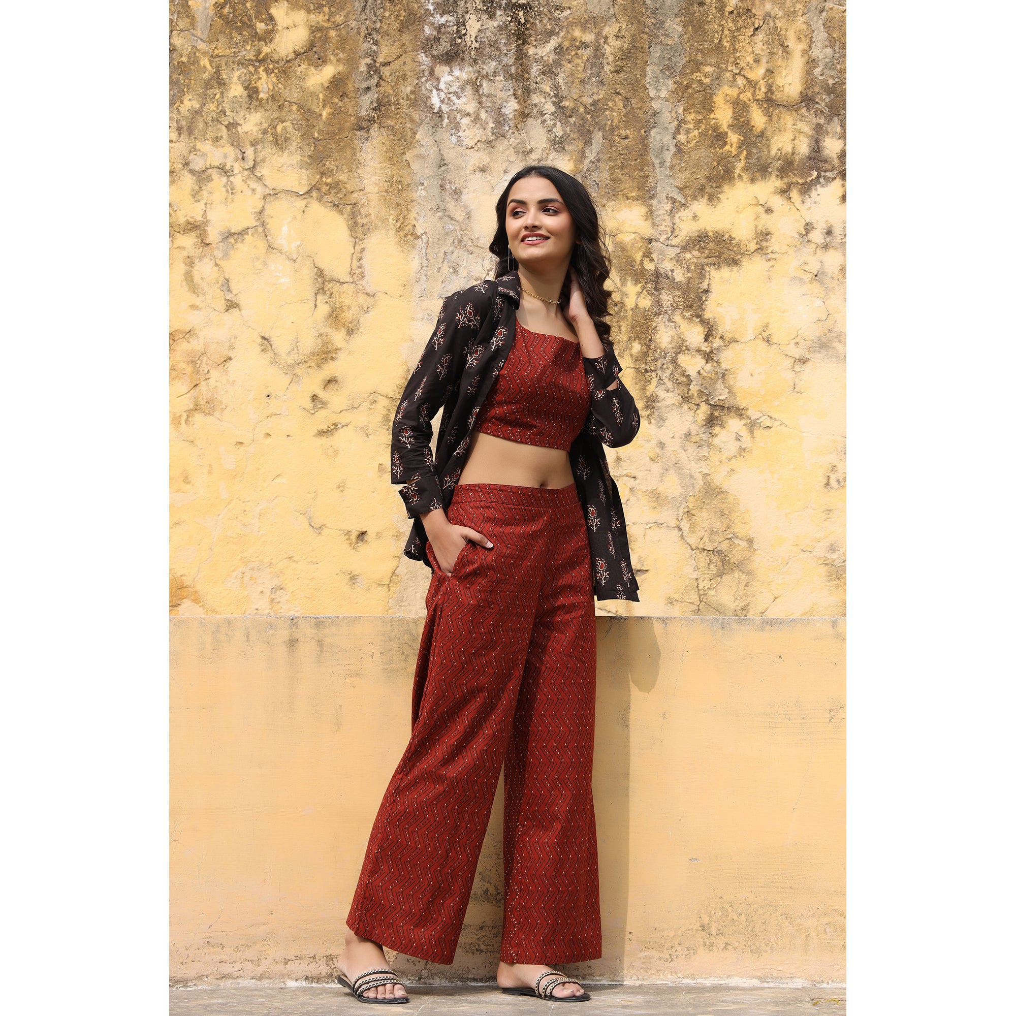 Rosebuds with Stripes on Black and Maroon Cotton Three Piece Set