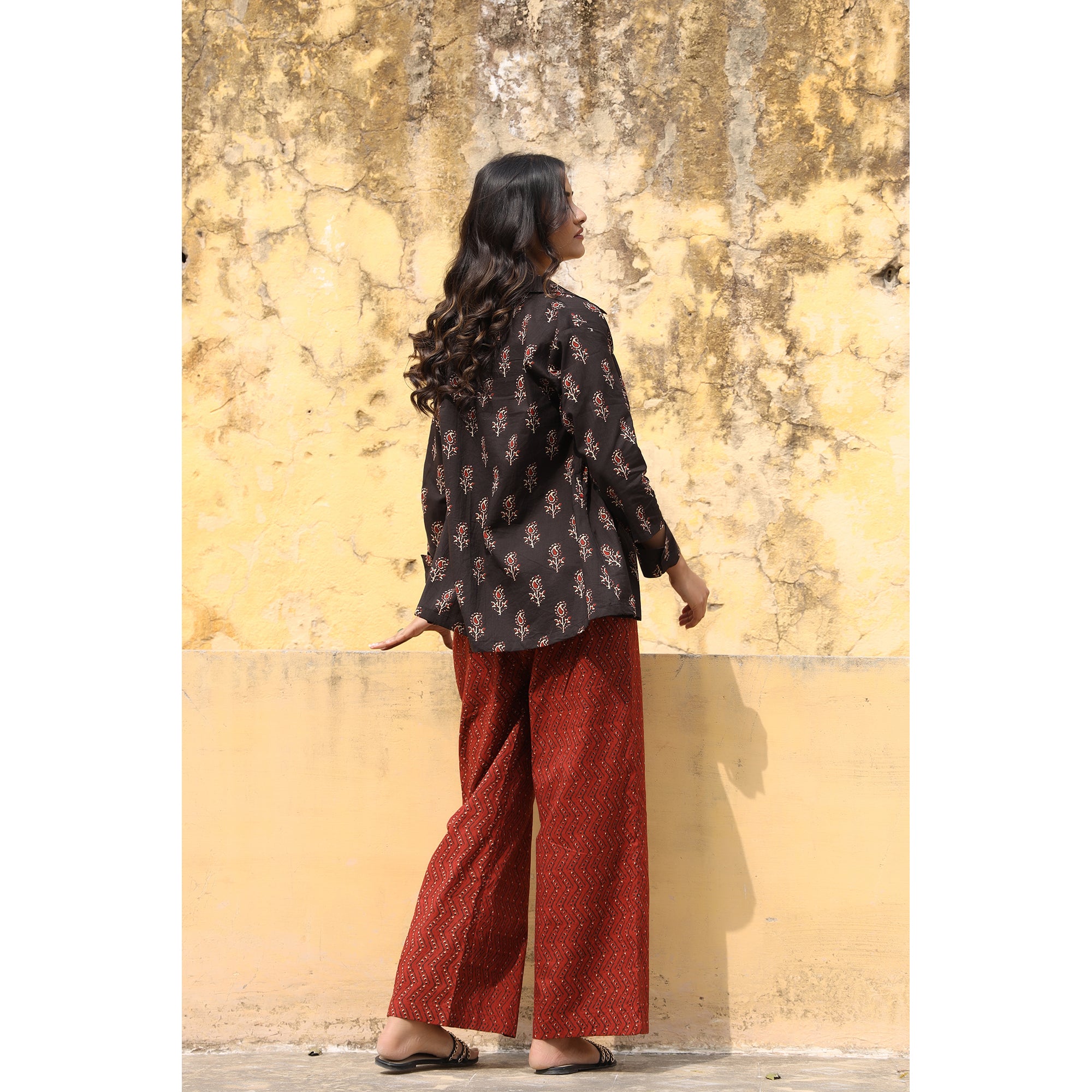 Rosebuds with Stripes on Black and Maroon Cotton Three Piece Set