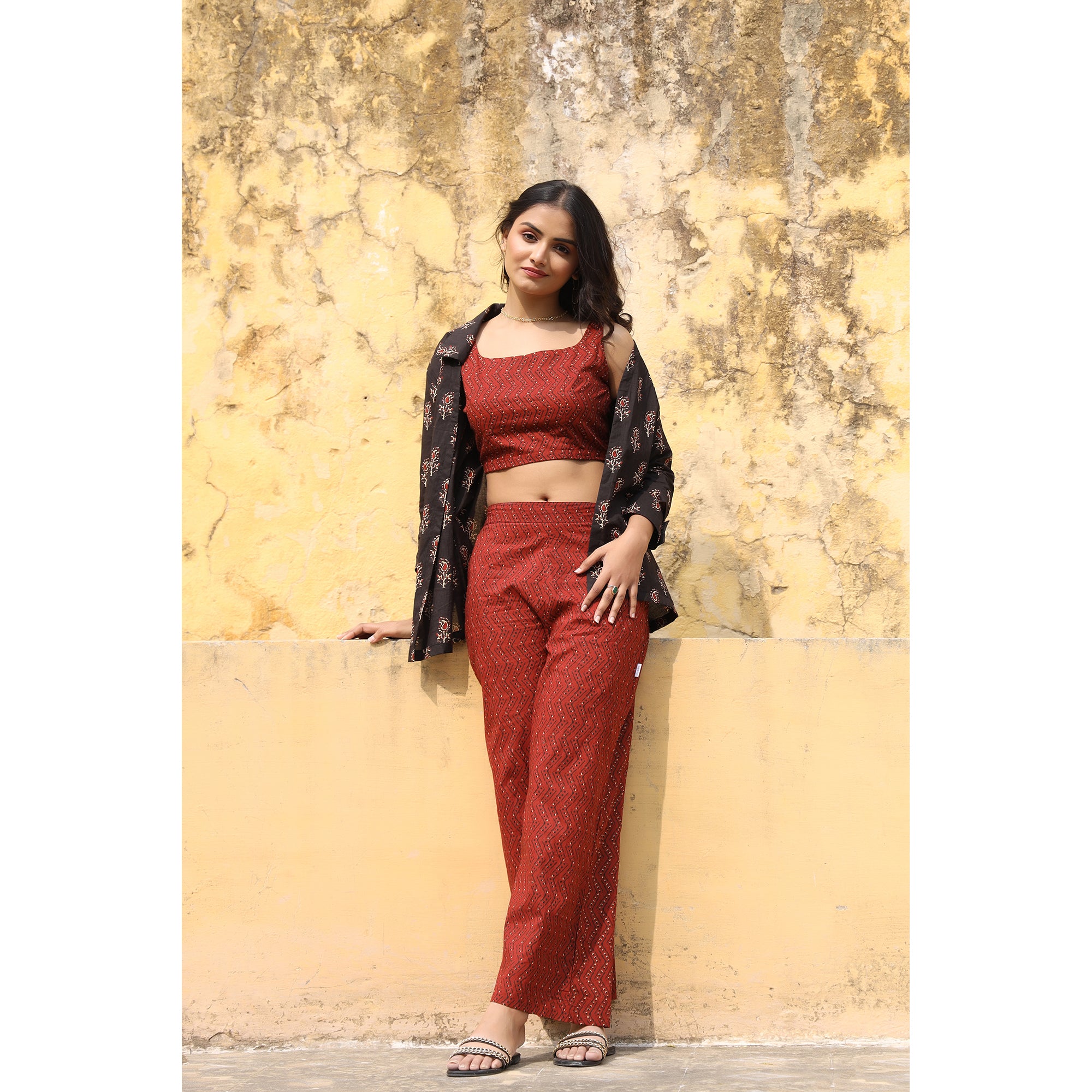 Rosebuds with Stripes on Black and Maroon Cotton Three Piece Set
