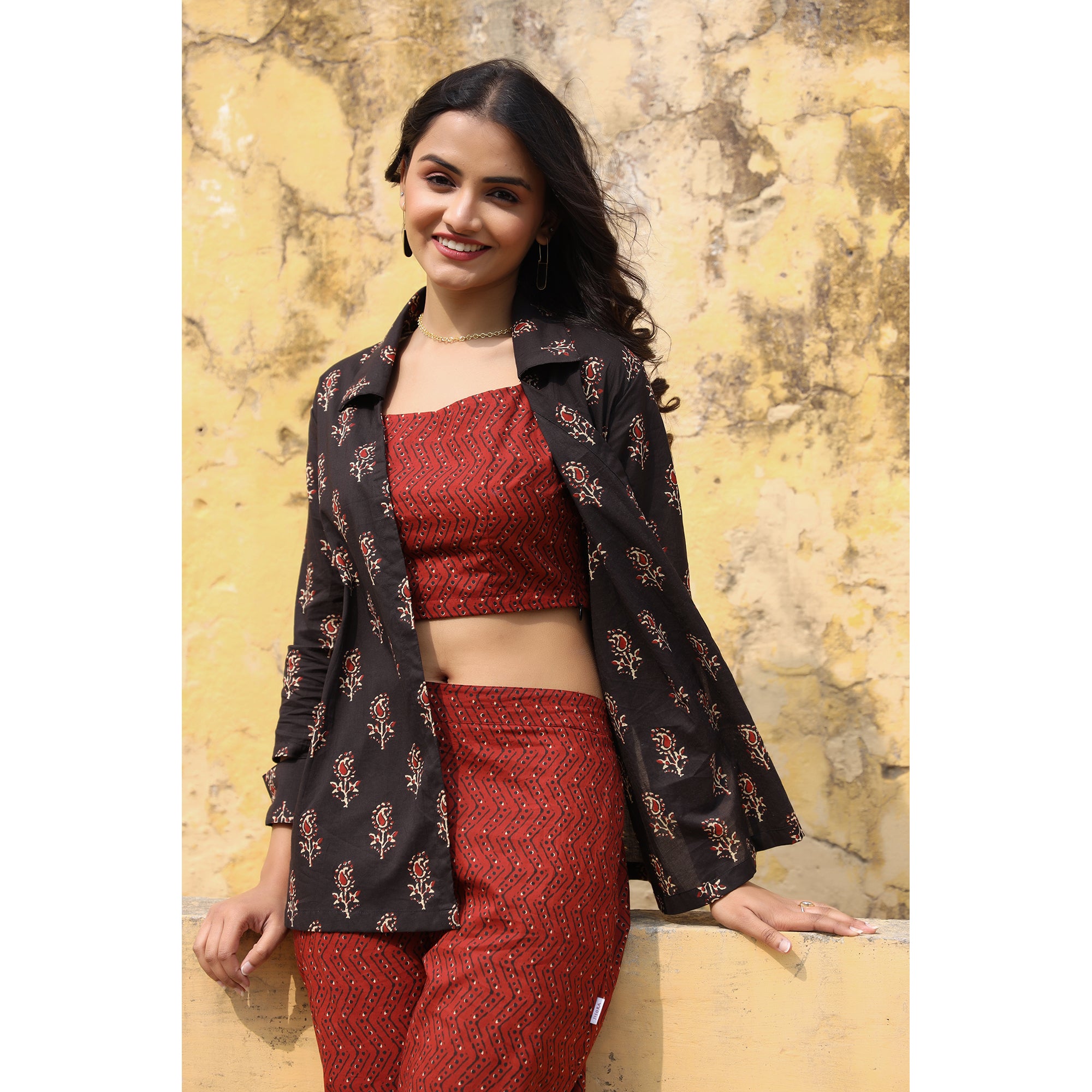 Rosebuds with Stripes on Black and Maroon Cotton Three Piece Set