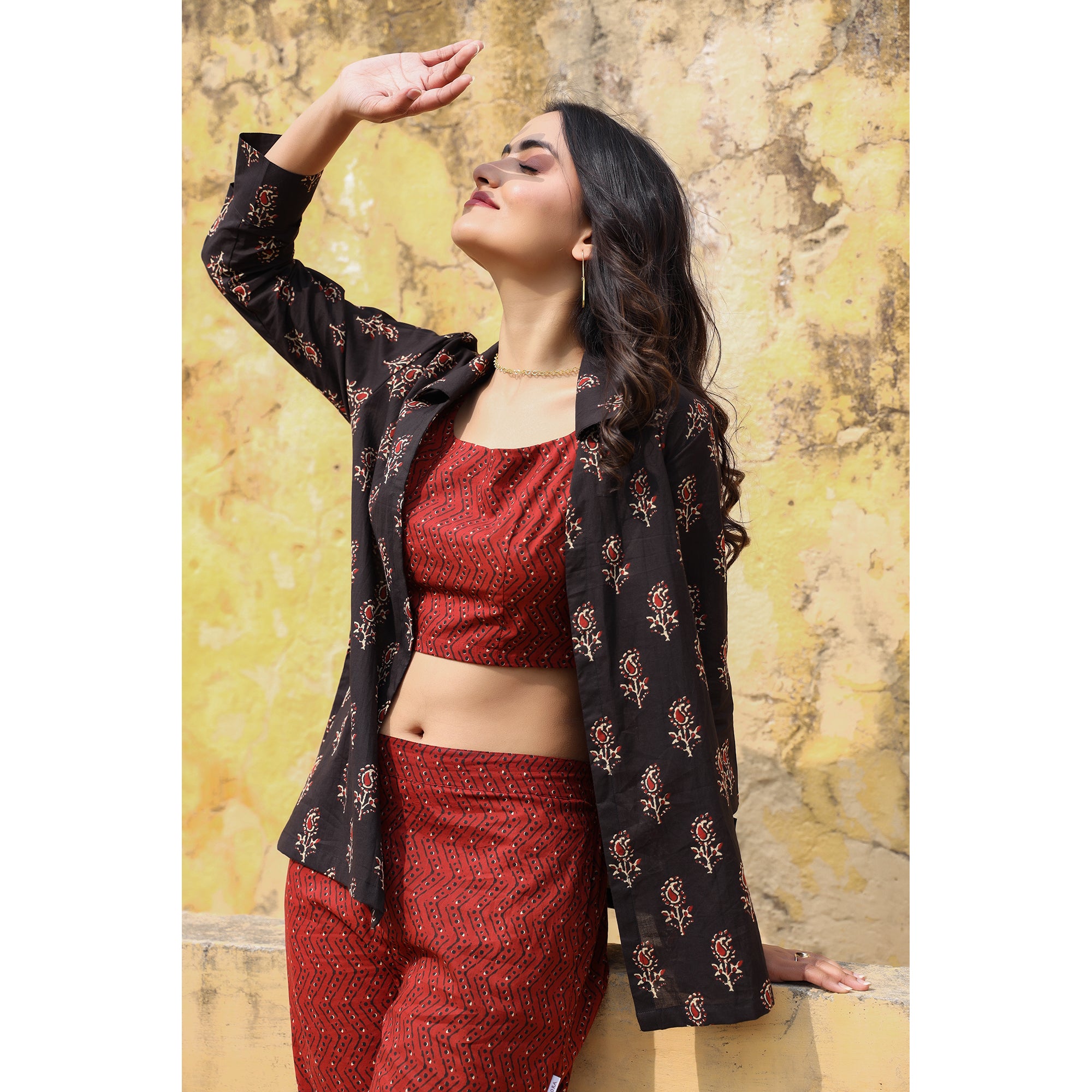 Rosebuds with Stripes on Black and Maroon Cotton Three Piece Set