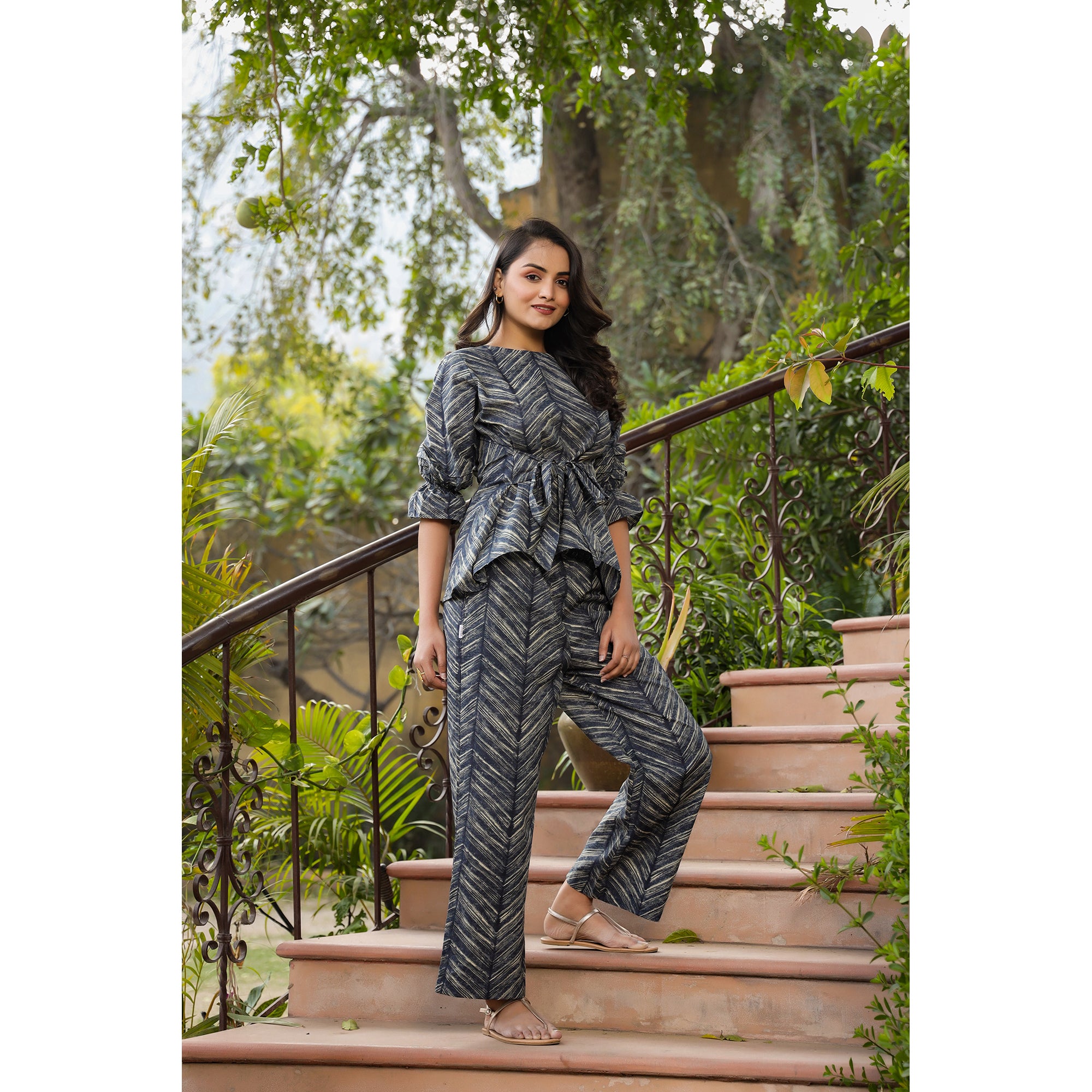 Patterned Shibori front knot on Blue Cotton Co-ord Set