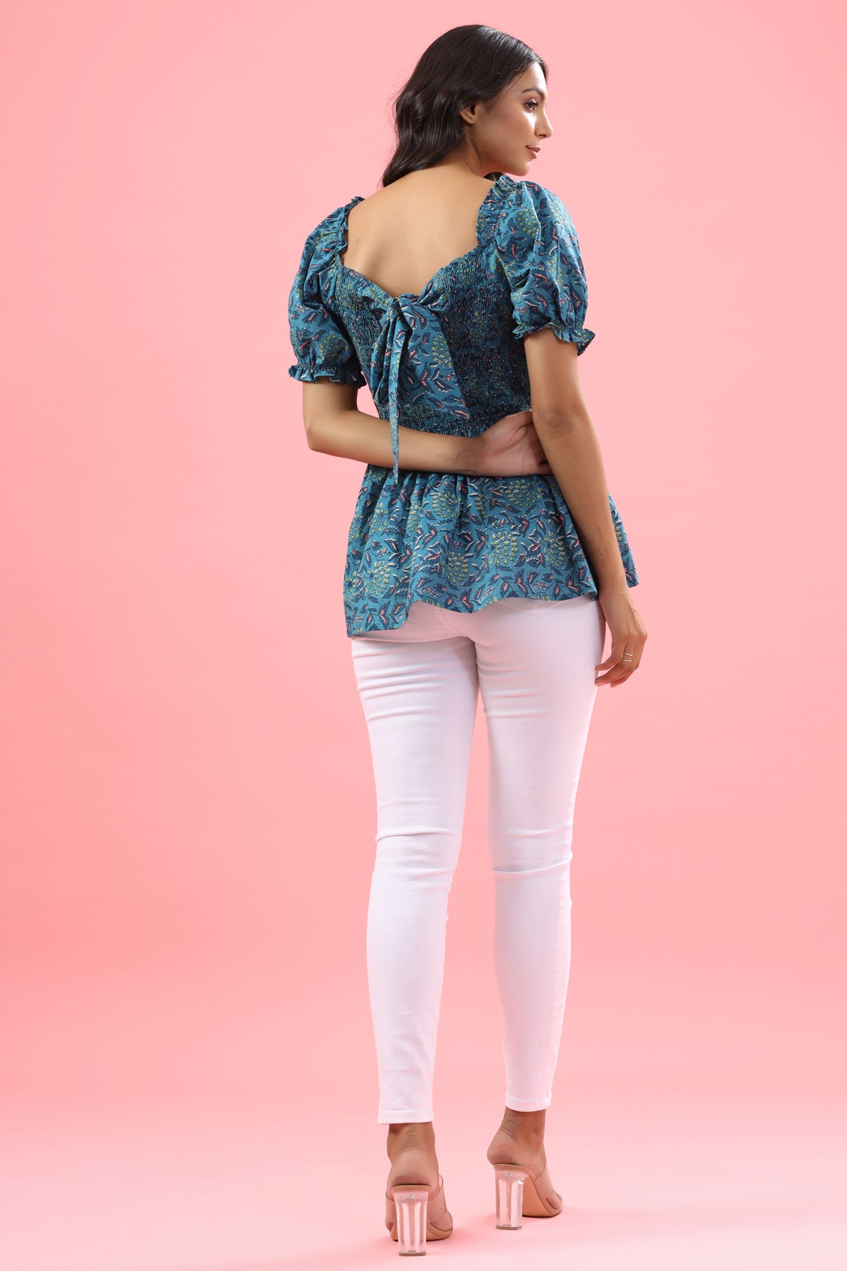 Gardenia on Blue Cotton Top