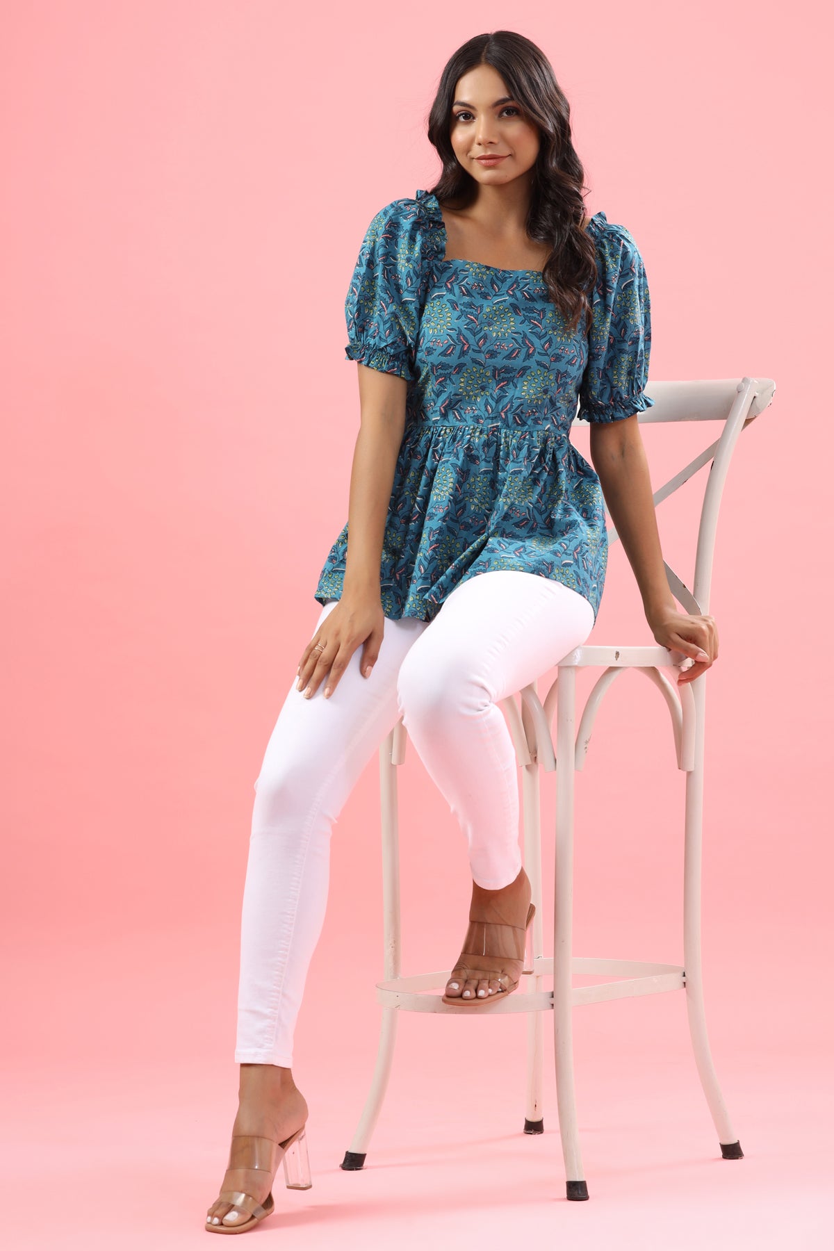 Gardenia on Blue Cotton Top