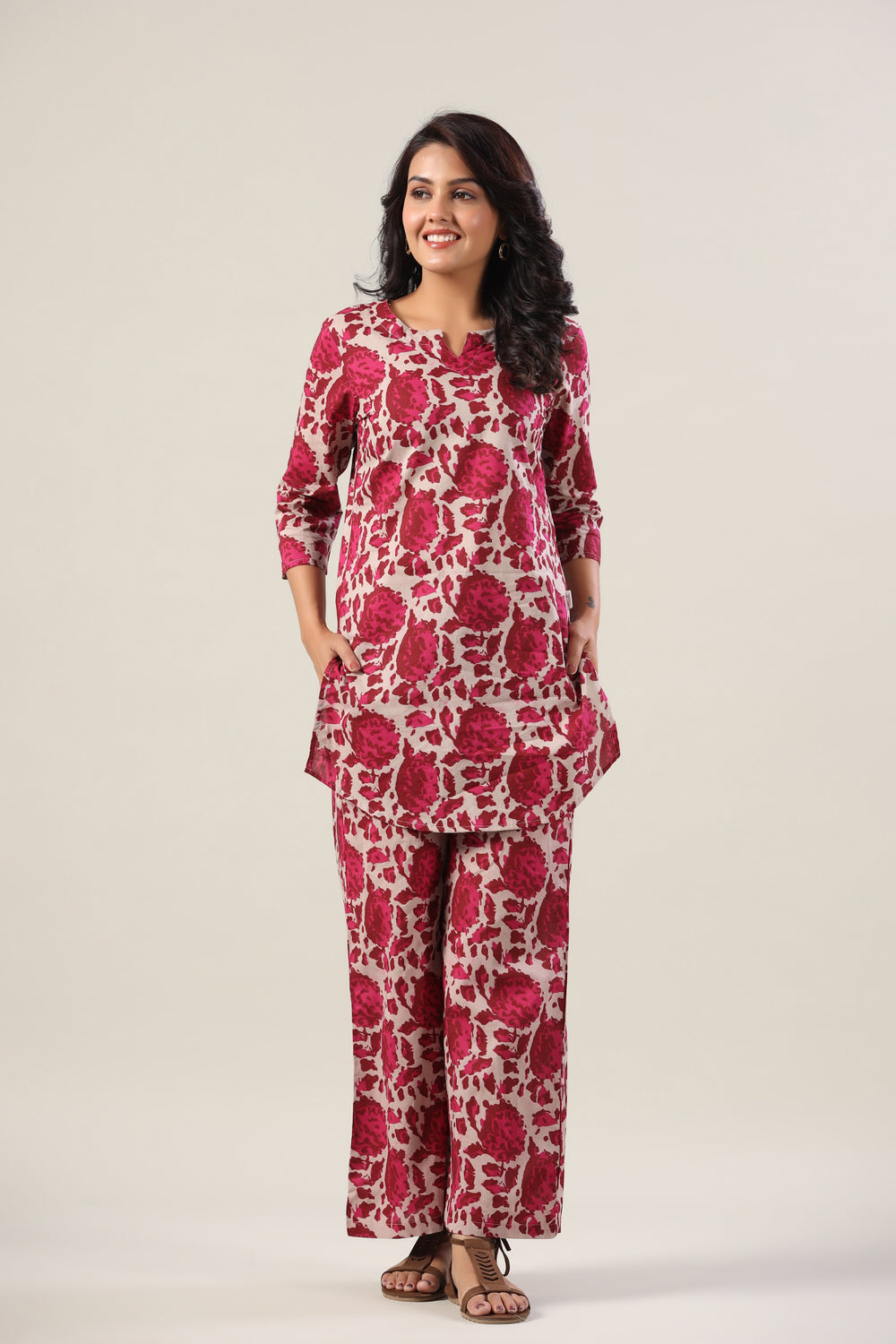 Pink Abstract on Grey Cotton Palazzo Loungewear Set