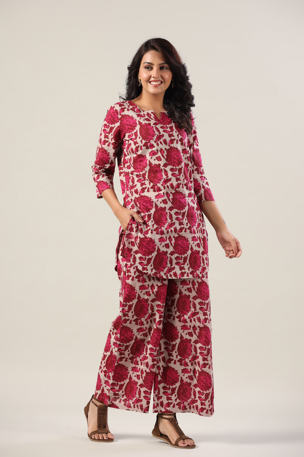 Pink Abstract on Grey Cotton Palazzo Loungewear Set