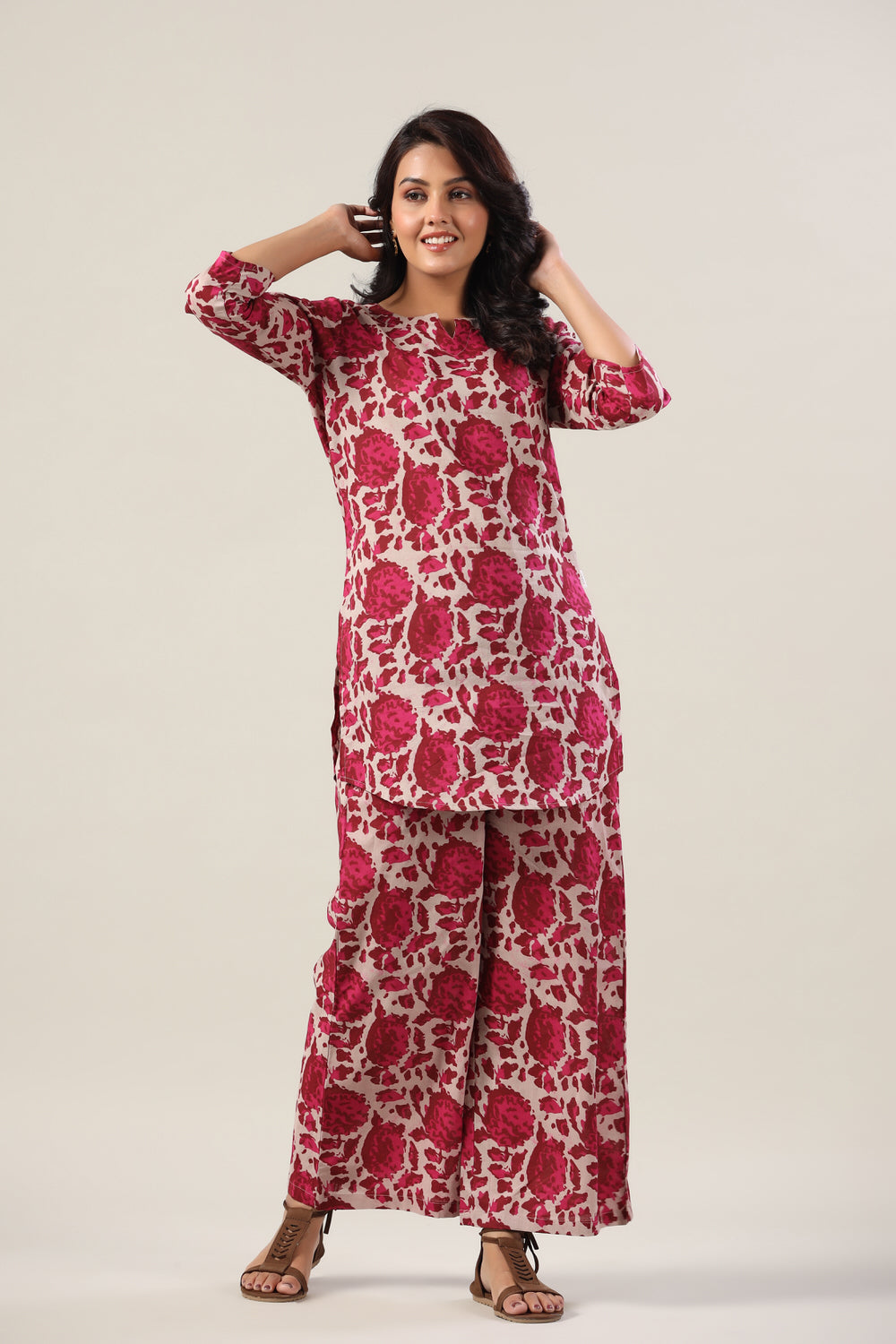 Pink Abstract on Grey Cotton Palazzo Loungewear Set