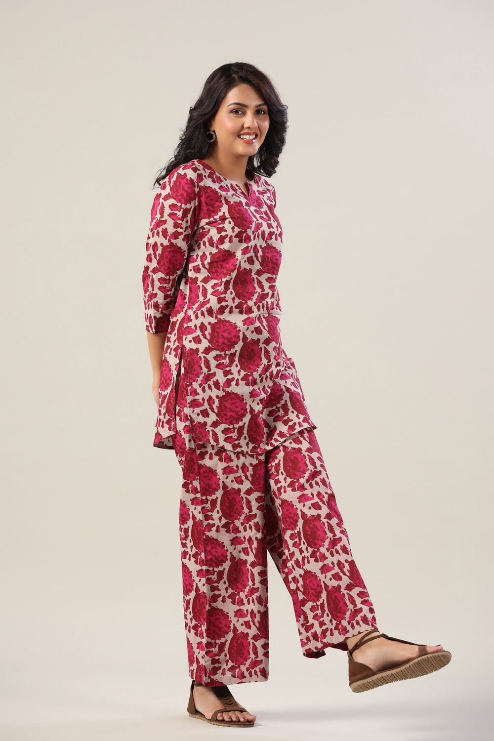 Pink Abstract on Grey Cotton Palazzo Loungewear Set