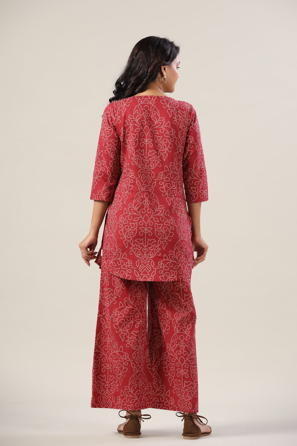 Floral Bandhej Dots on Maroon Cotton Palazzo Loungewear Set