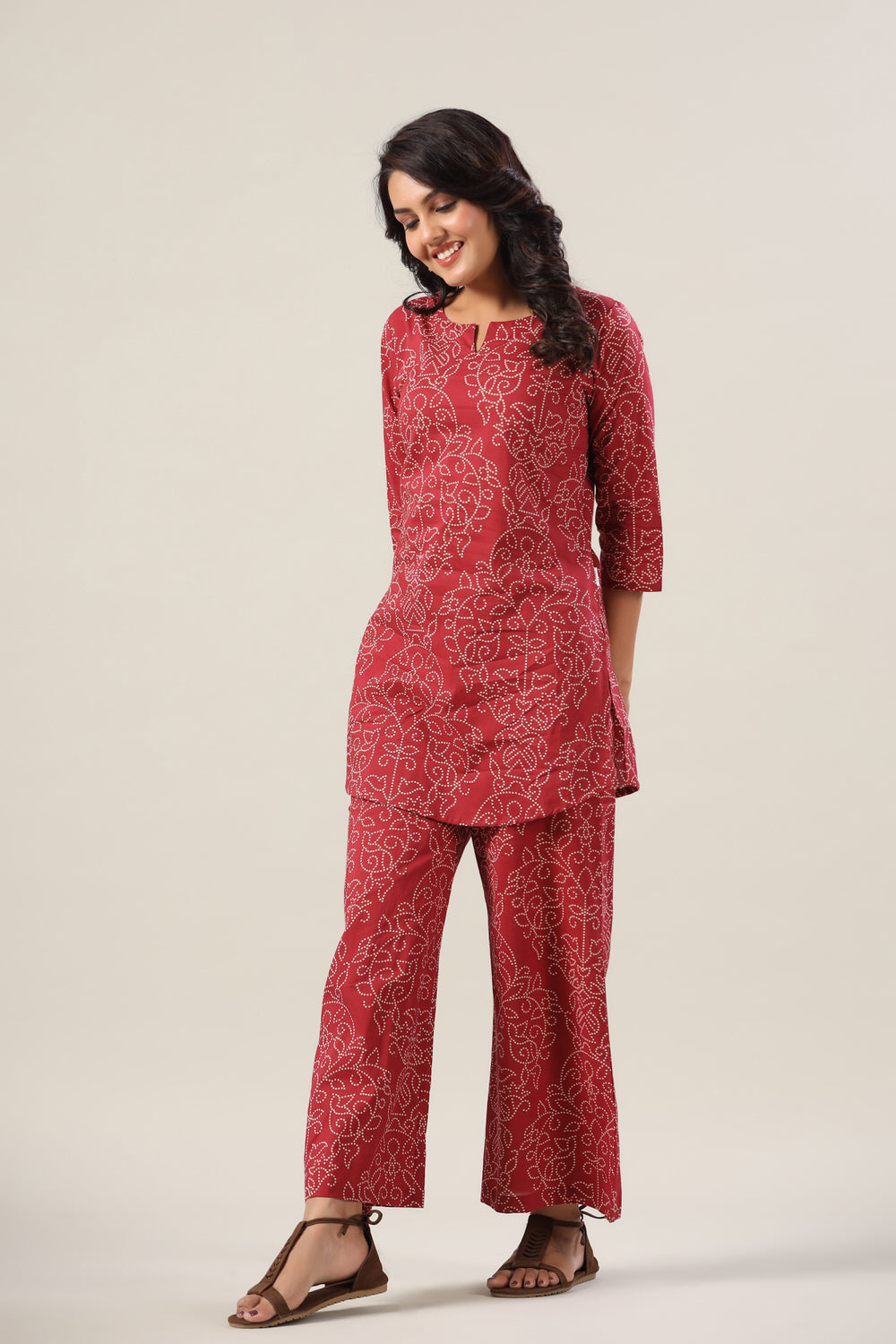 Floral Bandhej Dots on Maroon Cotton Palazzo Loungewear Set