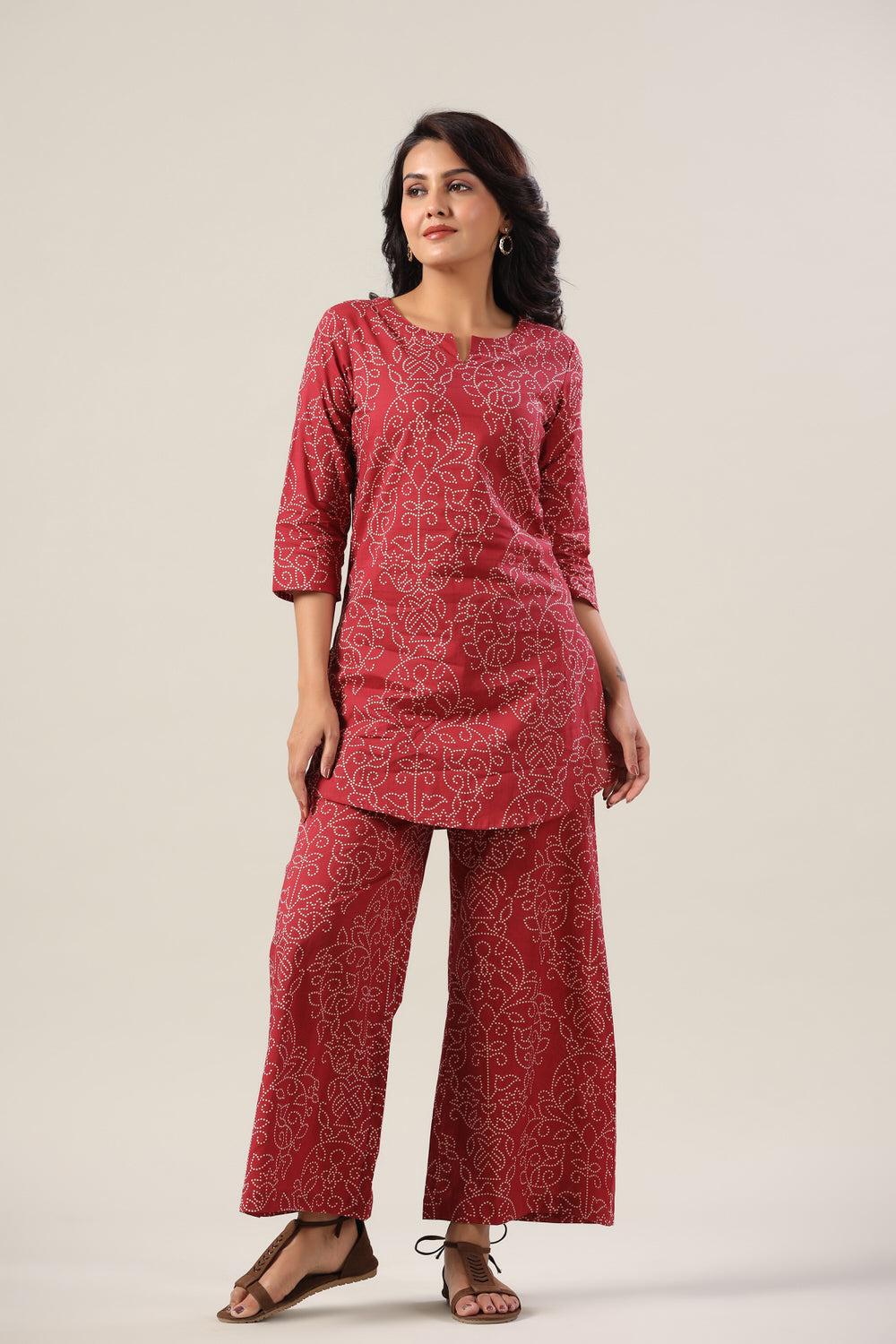Floral Bandhej Dots on Maroon Cotton Palazzo Loungewear Set