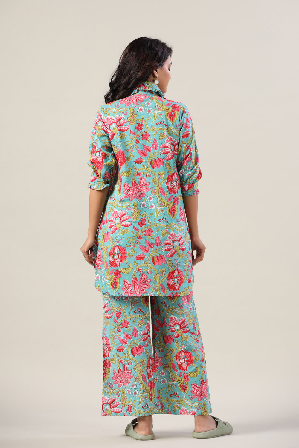 Jaal on Blue Collared Cotton Palazzo Loungewear Set