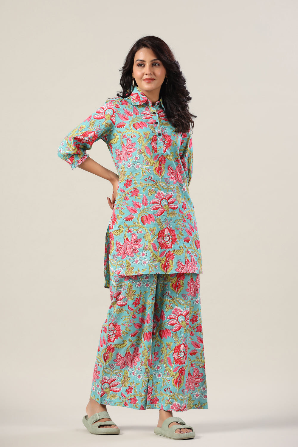 Jaal on Blue Collared Cotton Palazzo Loungewear Set