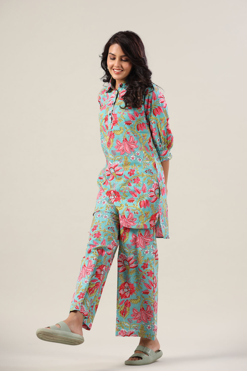 Jaal on Blue Collared Cotton Palazzo Loungewear Set