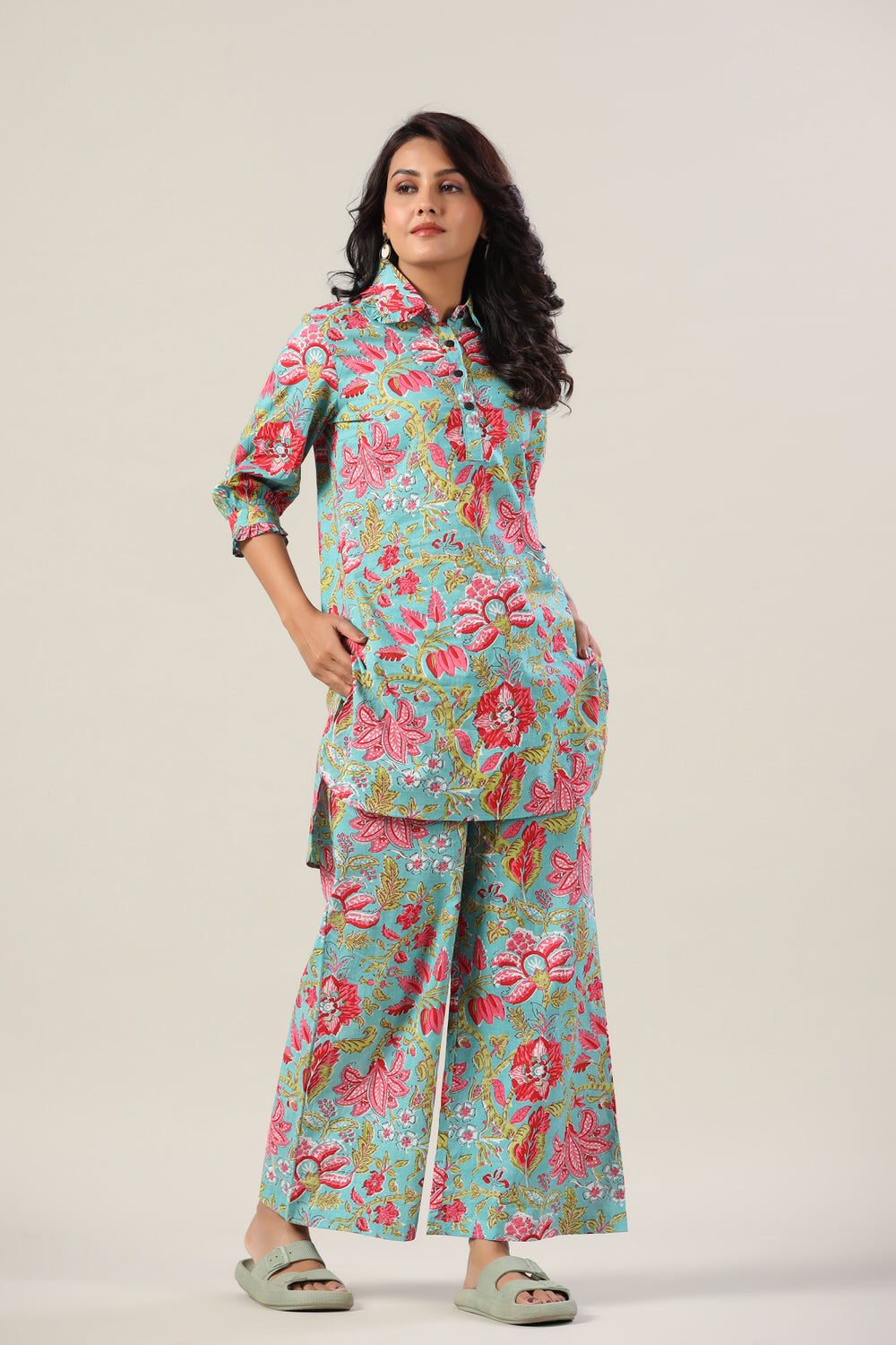 Jaal on Blue Collared Cotton Palazzo Loungewear Set