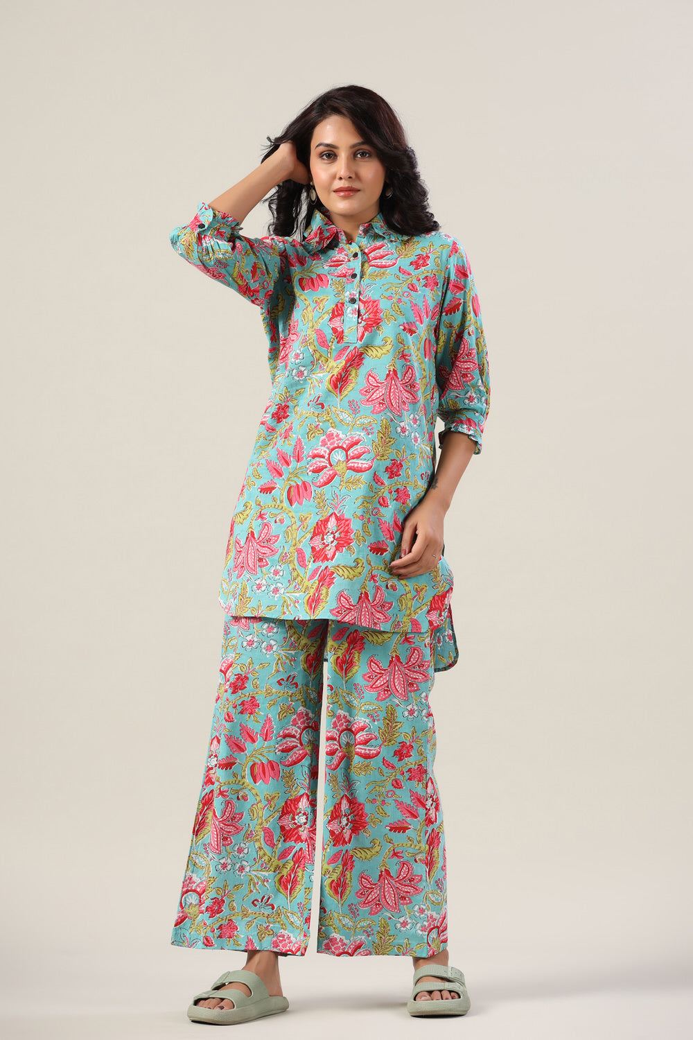 Jaal on Blue Collared Cotton Palazzo Loungewear Set