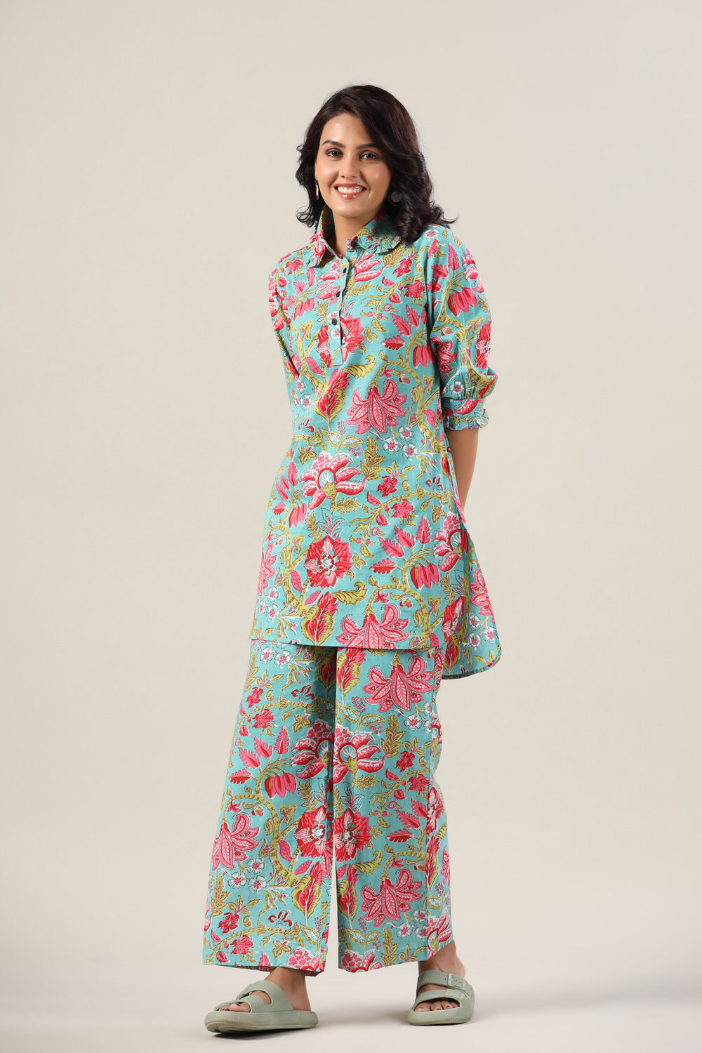 Jaal on Blue Collared Cotton Palazzo Loungewear Set