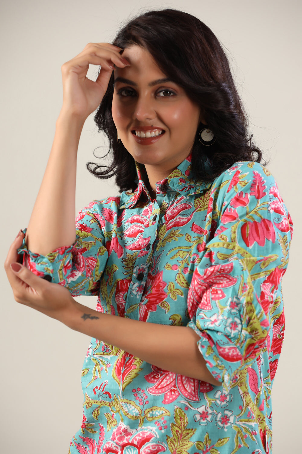 Jaal on Blue Collared Cotton Palazzo Loungewear Set