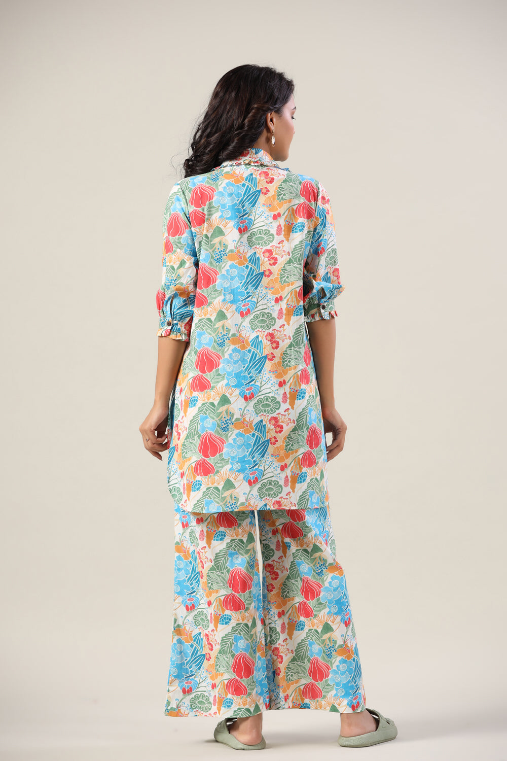 Floral Jaal on Collared Cotton Palazzo Loungewear Set