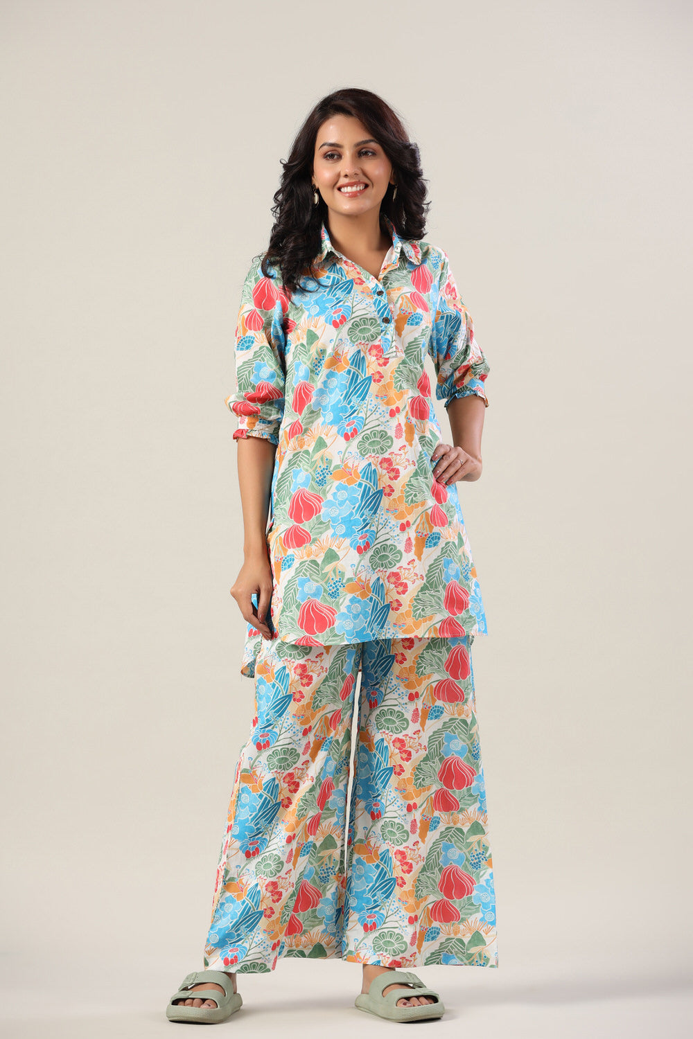 Floral Jaal on Collared Cotton Palazzo Loungewear Set