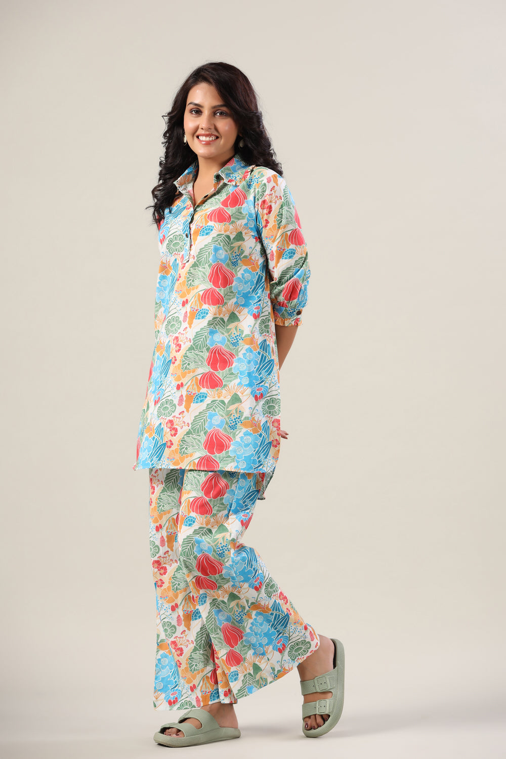 Floral Jaal on Collared Cotton Palazzo Loungewear Set