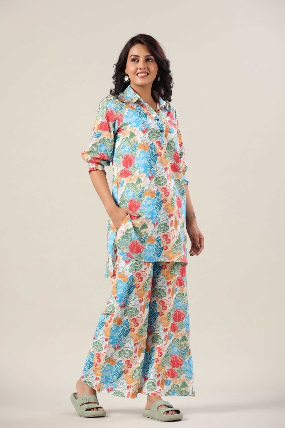 Floral Jaal on Collared Cotton Palazzo Loungewear Set