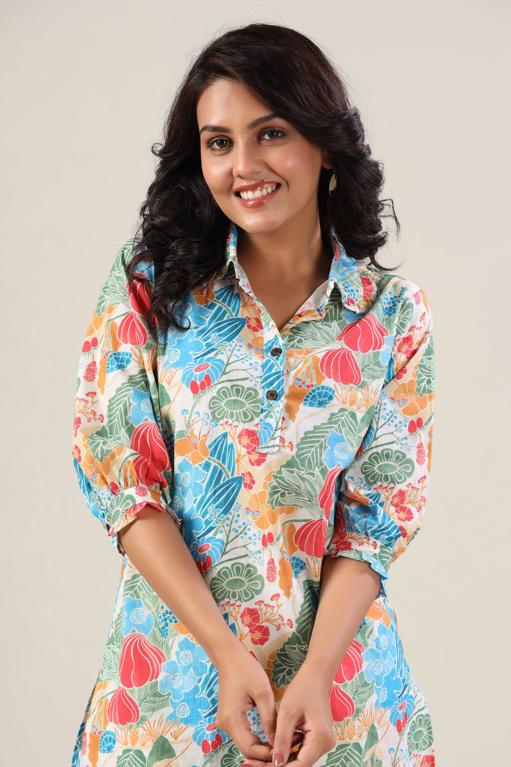 Floral Jaal on Collared Cotton Palazzo Loungewear Set