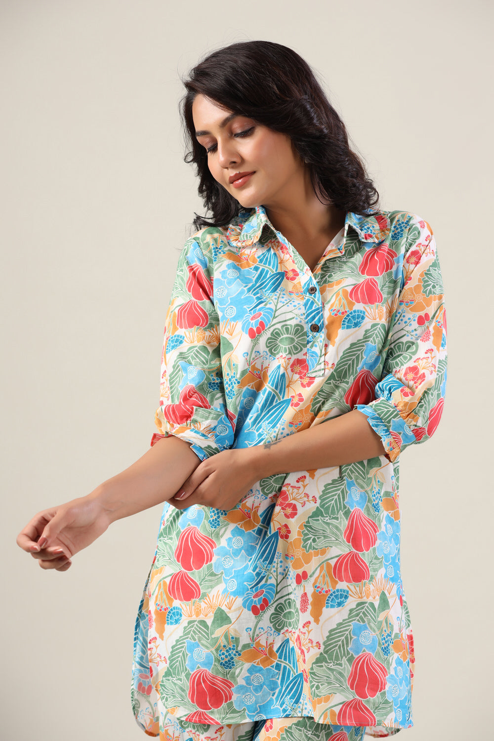 Floral Jaal on Collared Cotton Palazzo Loungewear Set