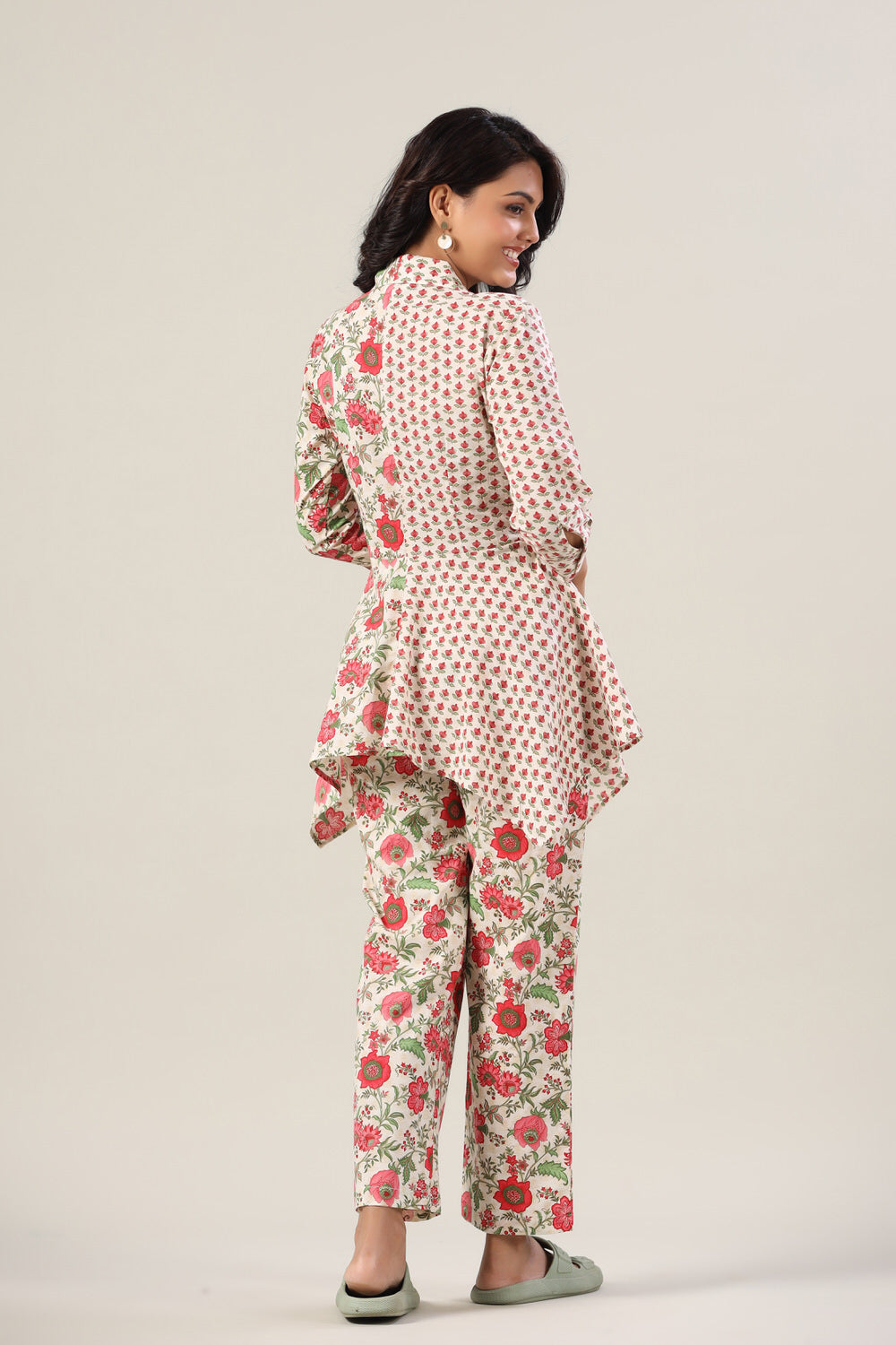 Red Floral Jaal on Side Knot Cotton Co-ord Set