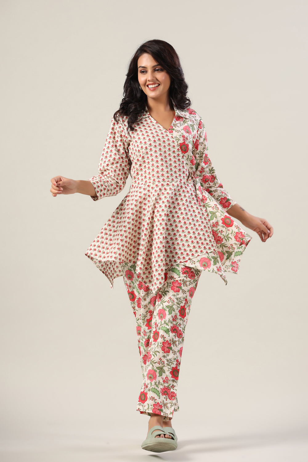 Red Floral Jaal on Side Knot Cotton Co-ord Set