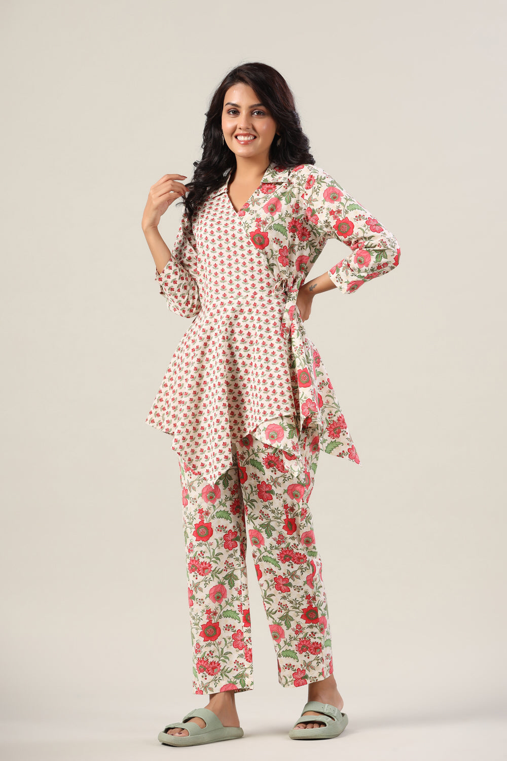 Red Floral Jaal on Side Knot Cotton Co-ord Set