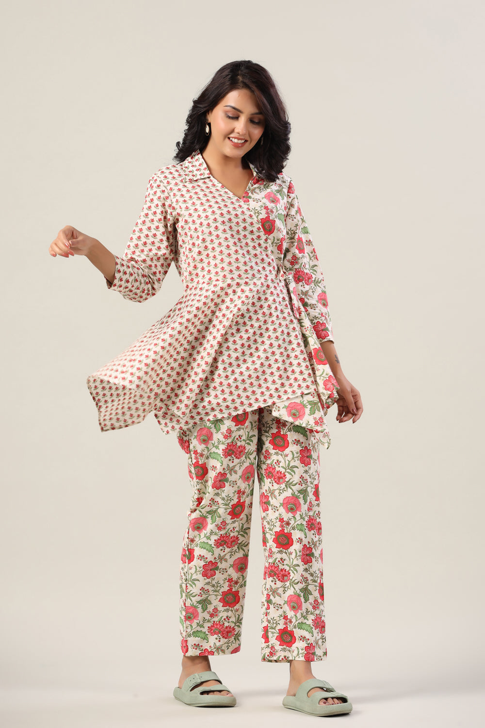 Red Floral Jaal on Side Knot Cotton Co-ord Set
