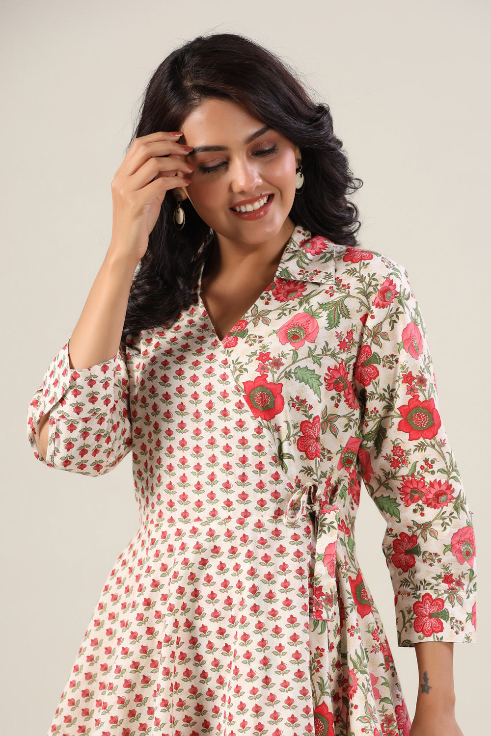 Red Floral Jaal on Side Knot Cotton Co-ord Set