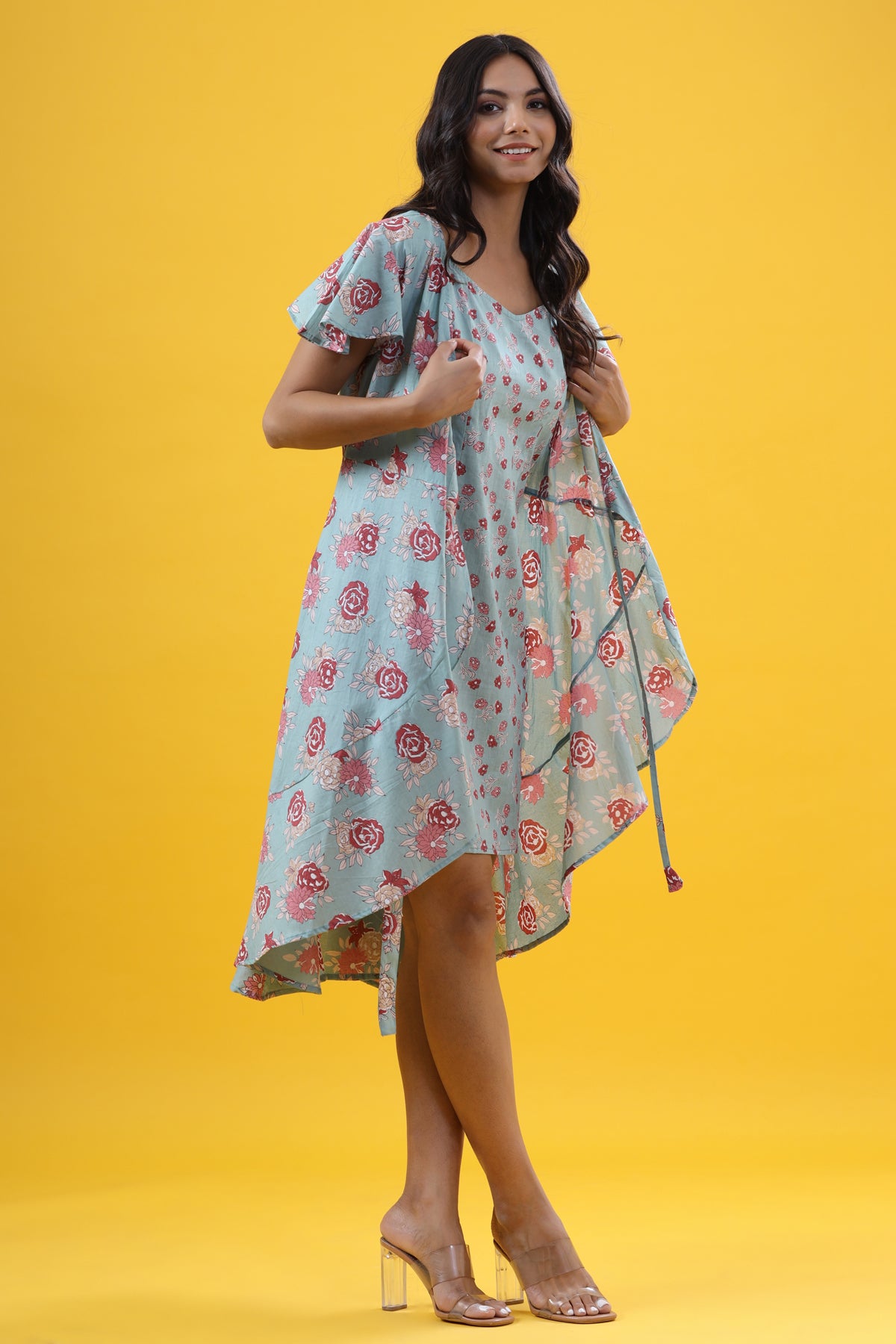 Gardenia on Sea Green Wrap Around Cotton Dress