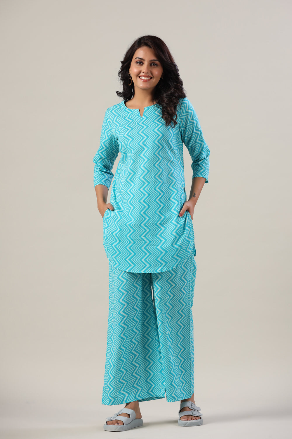 Zig-Zag Blue Cotton Flex Palazzo Loungewear Set