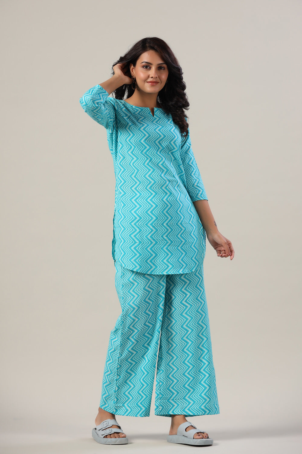 Zig-Zag Blue Cotton Flex Palazzo Loungewear Set