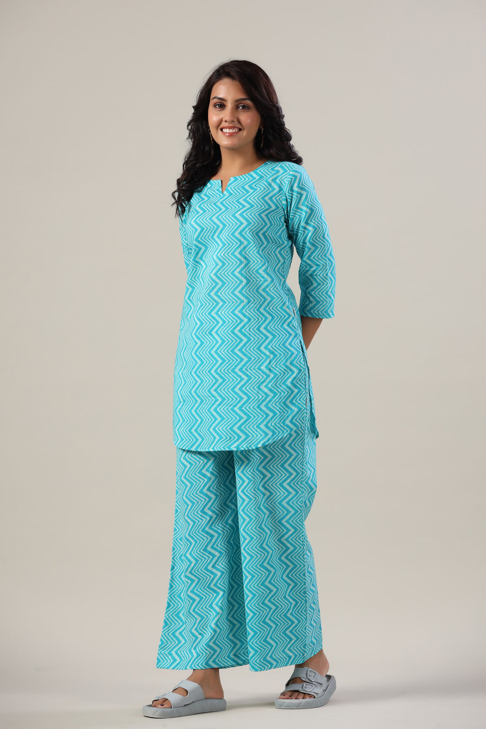 Zig-Zag Blue Cotton Flex Palazzo Loungewear Set