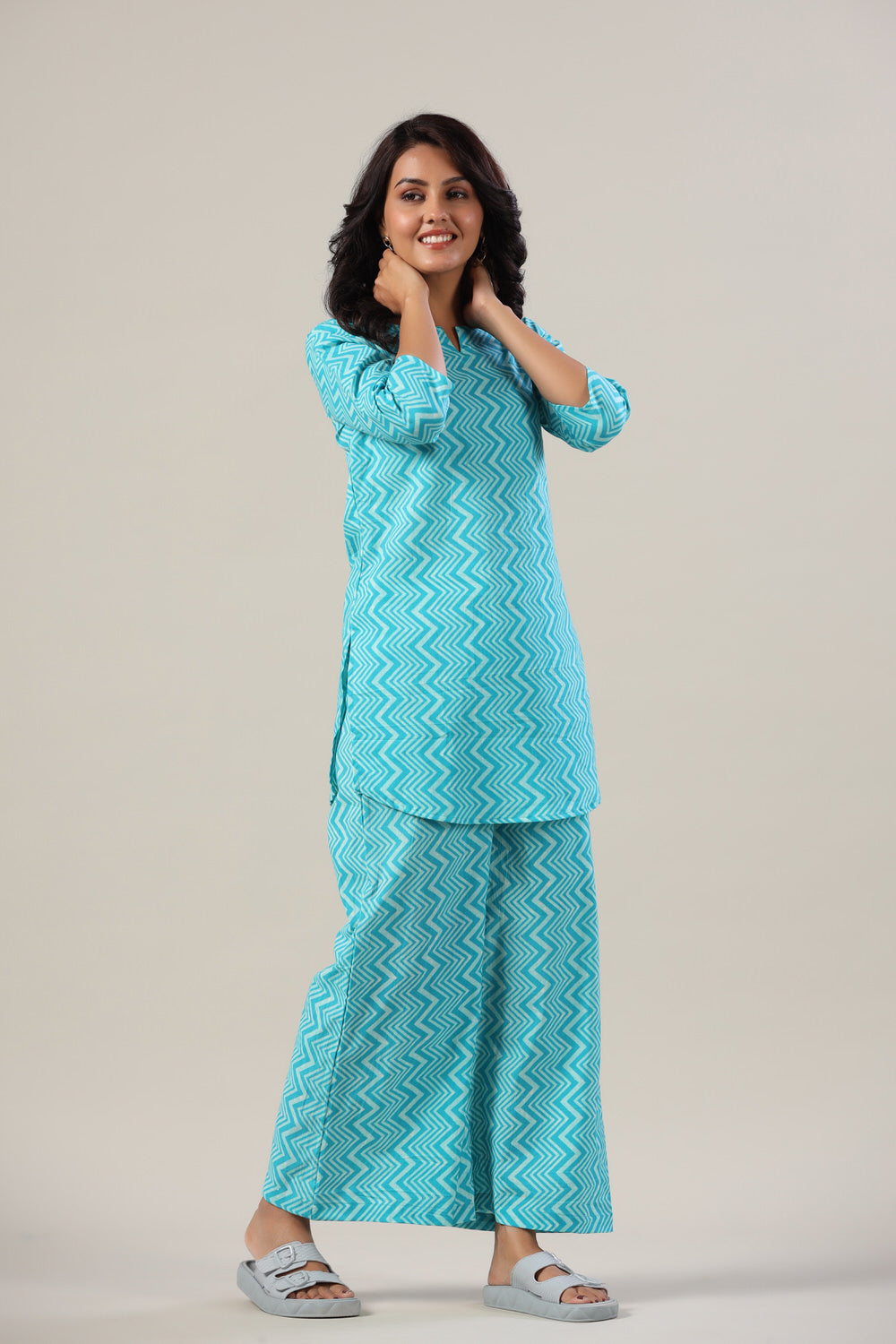Zig-Zag Blue Cotton Flex Palazzo Loungewear Set
