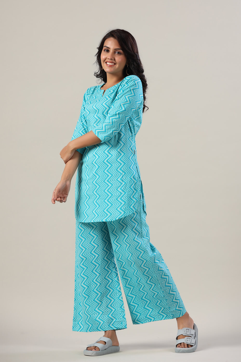 Zig-Zag Blue Cotton Flex Palazzo Loungewear Set