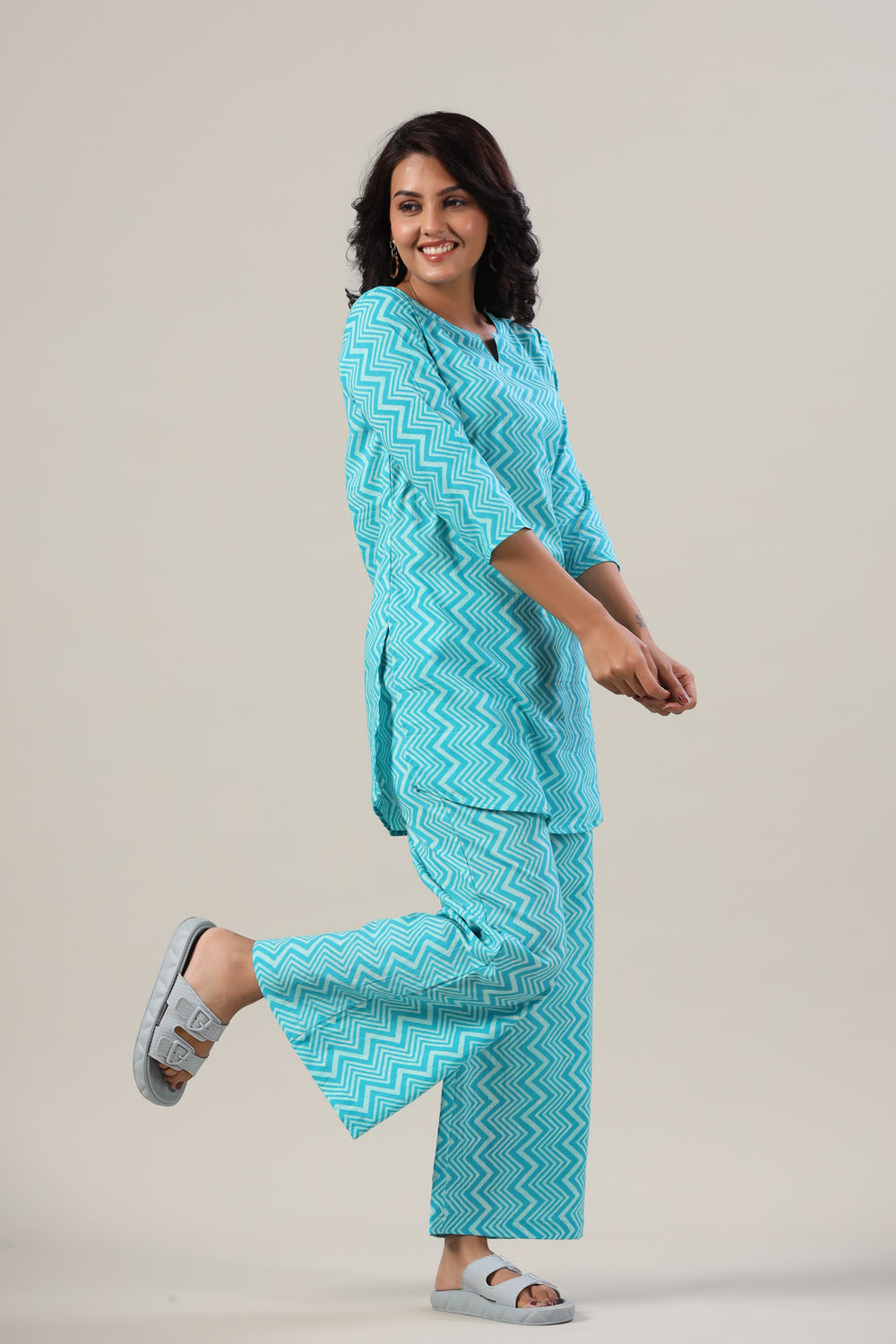 Zig-Zag Blue Cotton Flex Palazzo Loungewear Set